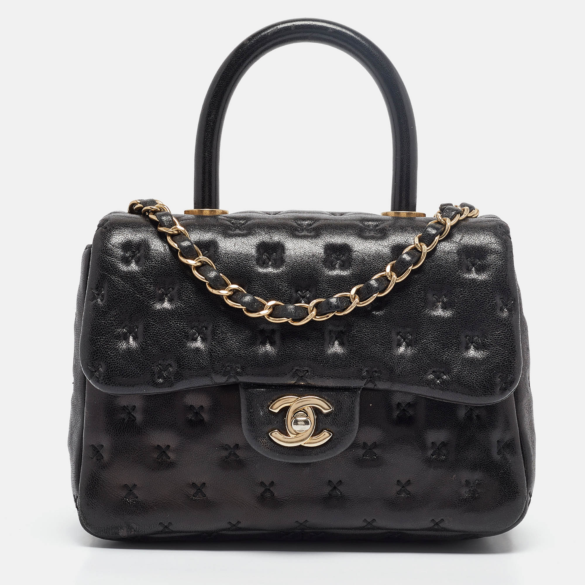 

Chanel Black Cross Stitch Leather Mini Paris-Rome Coco Top Handle Bag