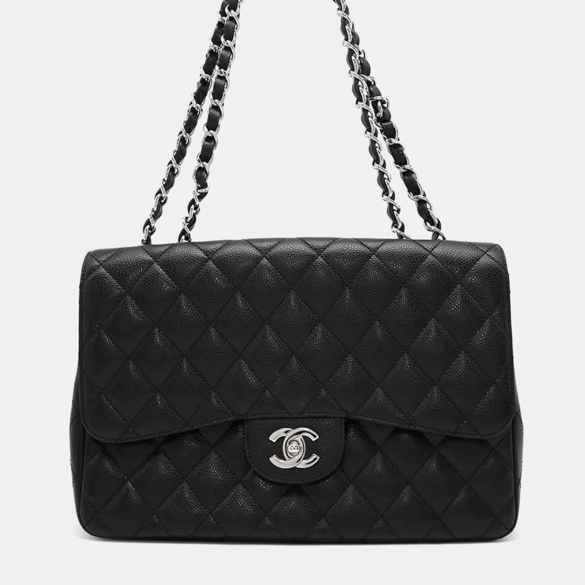 

Chanel Black Matelasse 30 Deca Single Flap Caviar Skin Chain Shoulder Bag