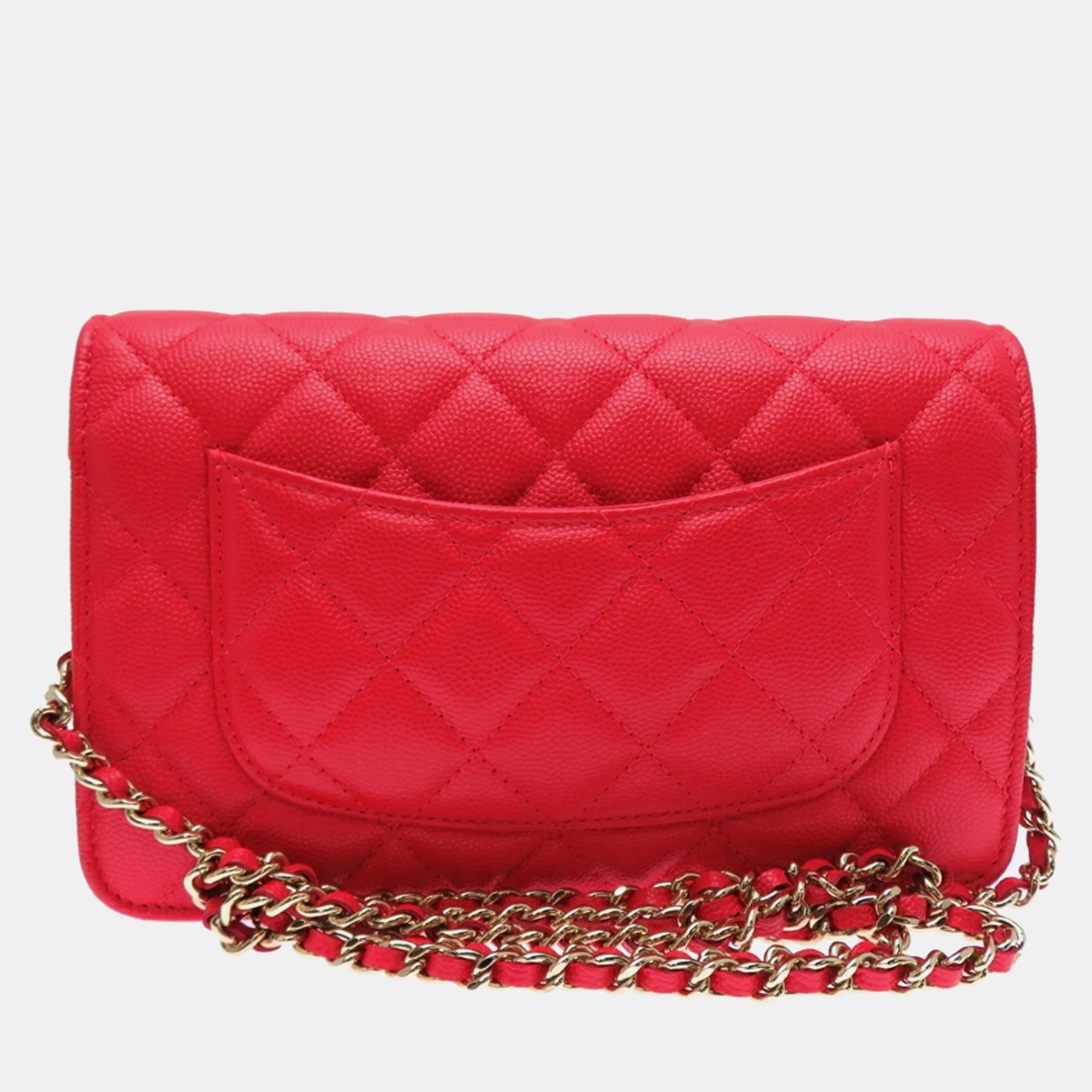 Chanel Caviar Skin Red Seal Matelasse Chain Wallet Shoulder Bag 