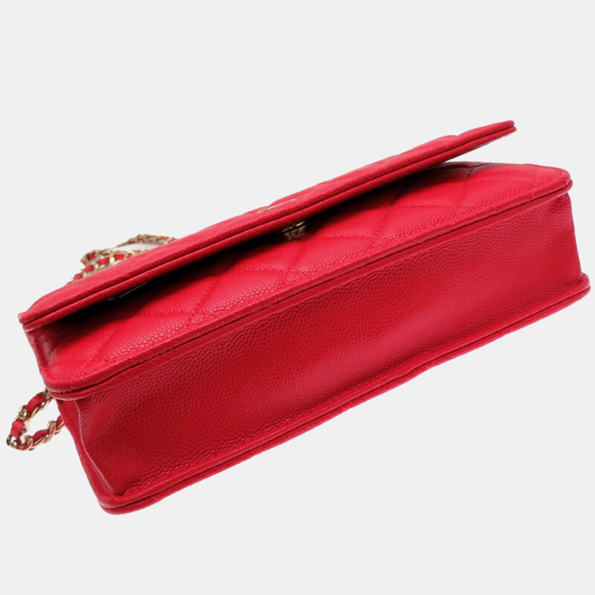 Chanel Caviar Skin Red Seal Matelasse Chain Wallet Shoulder Bag 