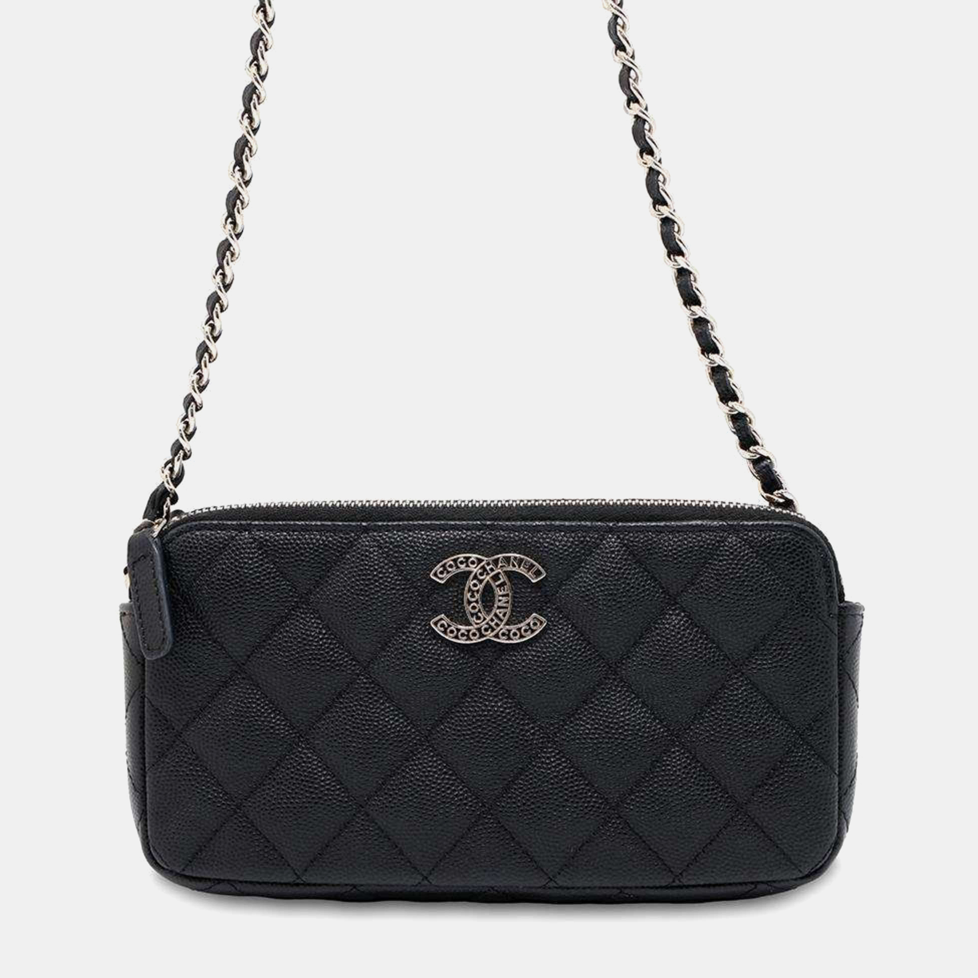 

Chanel Black Coco Mark Matelasse Caviar Skin Chain Wallet Shoulder Bag