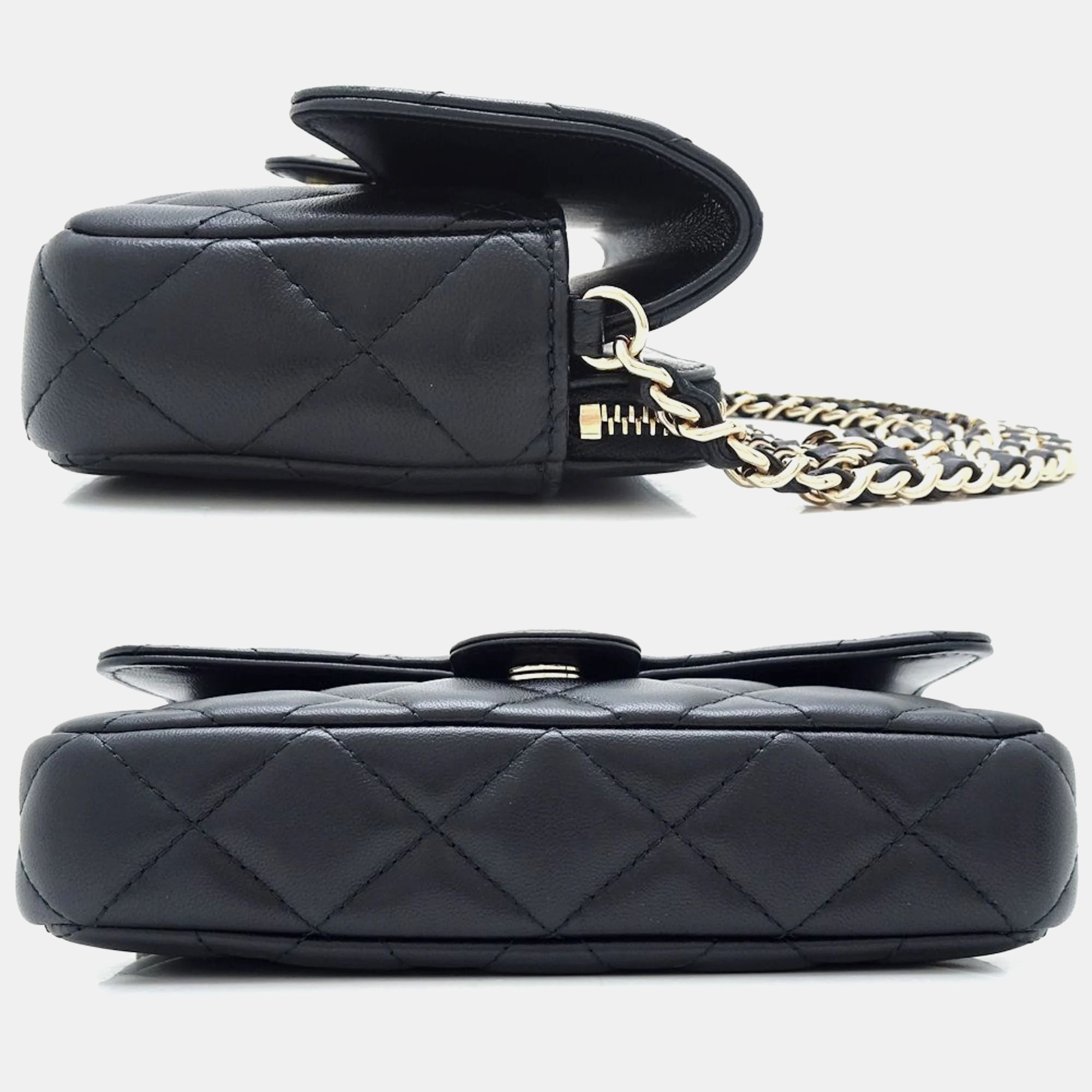 Chanel Lambskin Black Flap Phone Case Shoulder Bag 