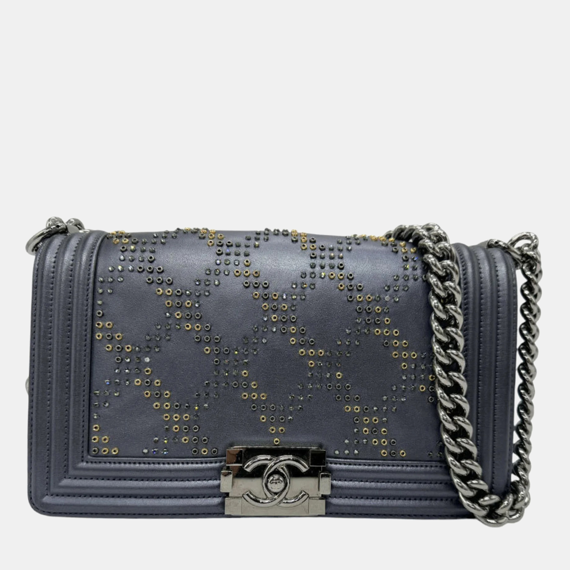 

Chanel Leather Metal Metallic Dark Gray Silver Gold Boy Chanel Shoulder Bag, Black