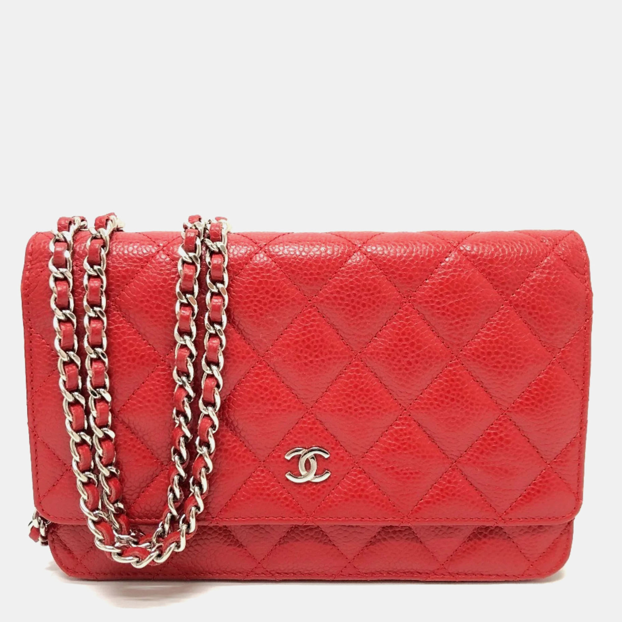 

Chanel Red Caviar Skin CC Coco Mark Classic Chain Wallet Bag