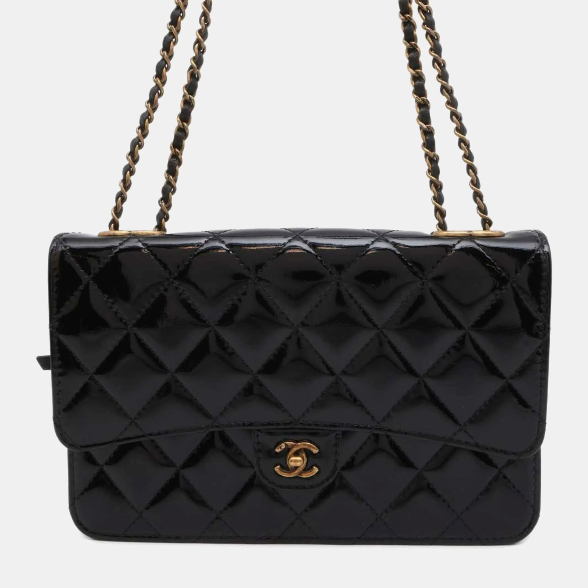 

Chanel Black Matelasse Coco Mark Patent Chain Wallet