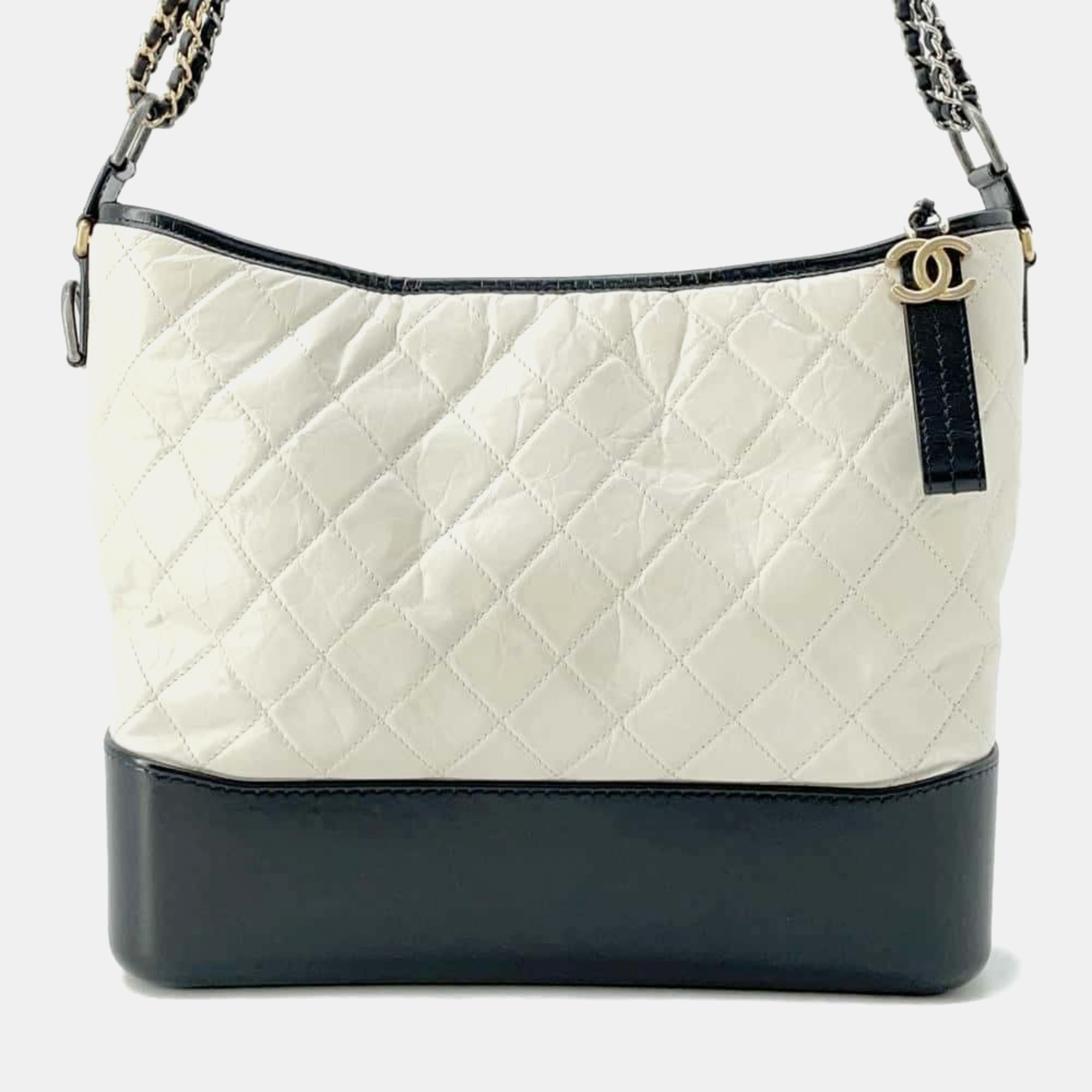 

Chanel White Black Gabrielle de Large Hobo Coco Mark Aged Calf Chain Shoulder Bag