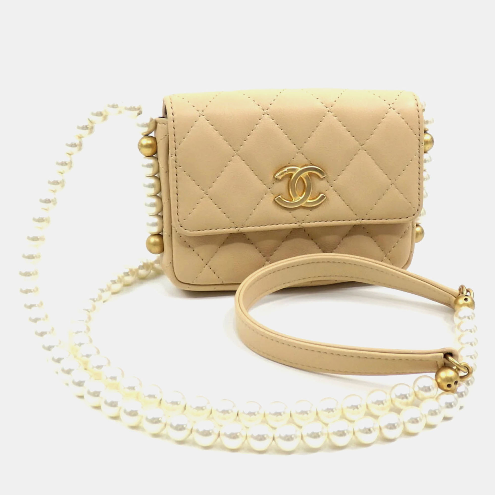 

Chanel Beige Lambskin Matelasse Coco Mark Faux Pearl Shoulder Pochette bag