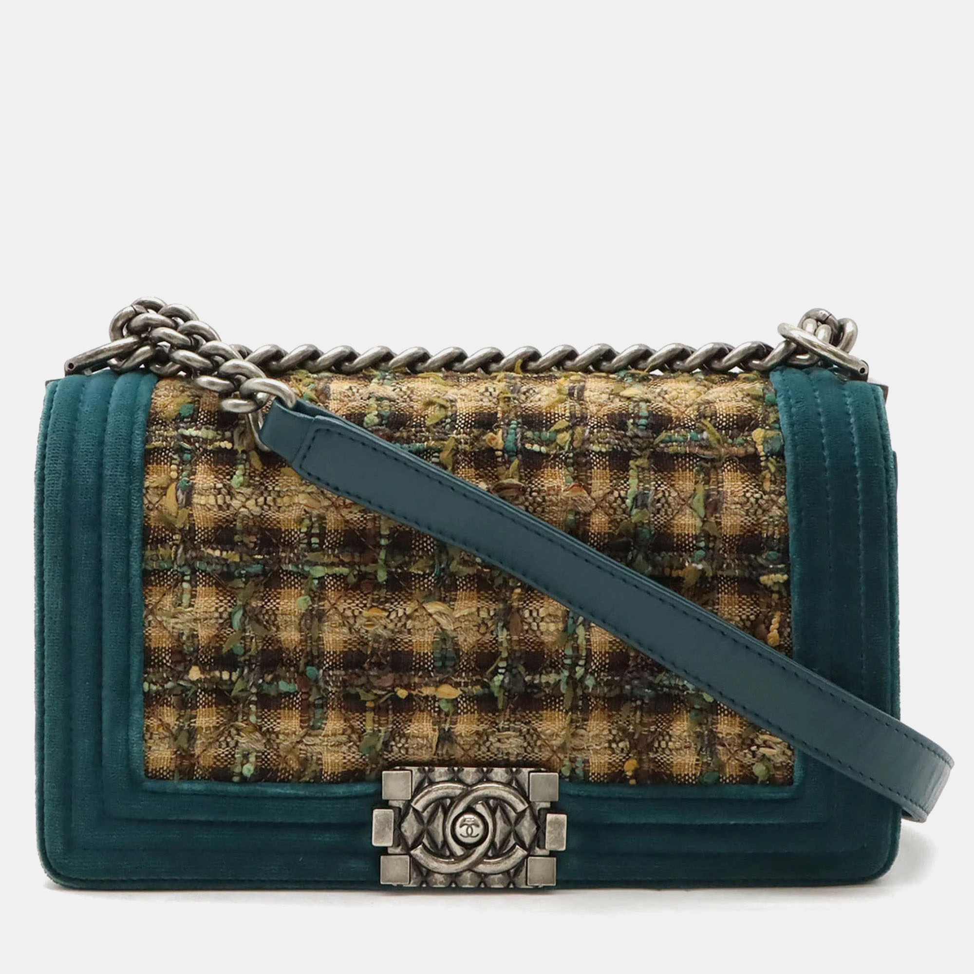 

Chanel Velour Tweed Brown Multicolor Green Boy Chanel Matelasse Coco Mark Chain Shoulder Bag