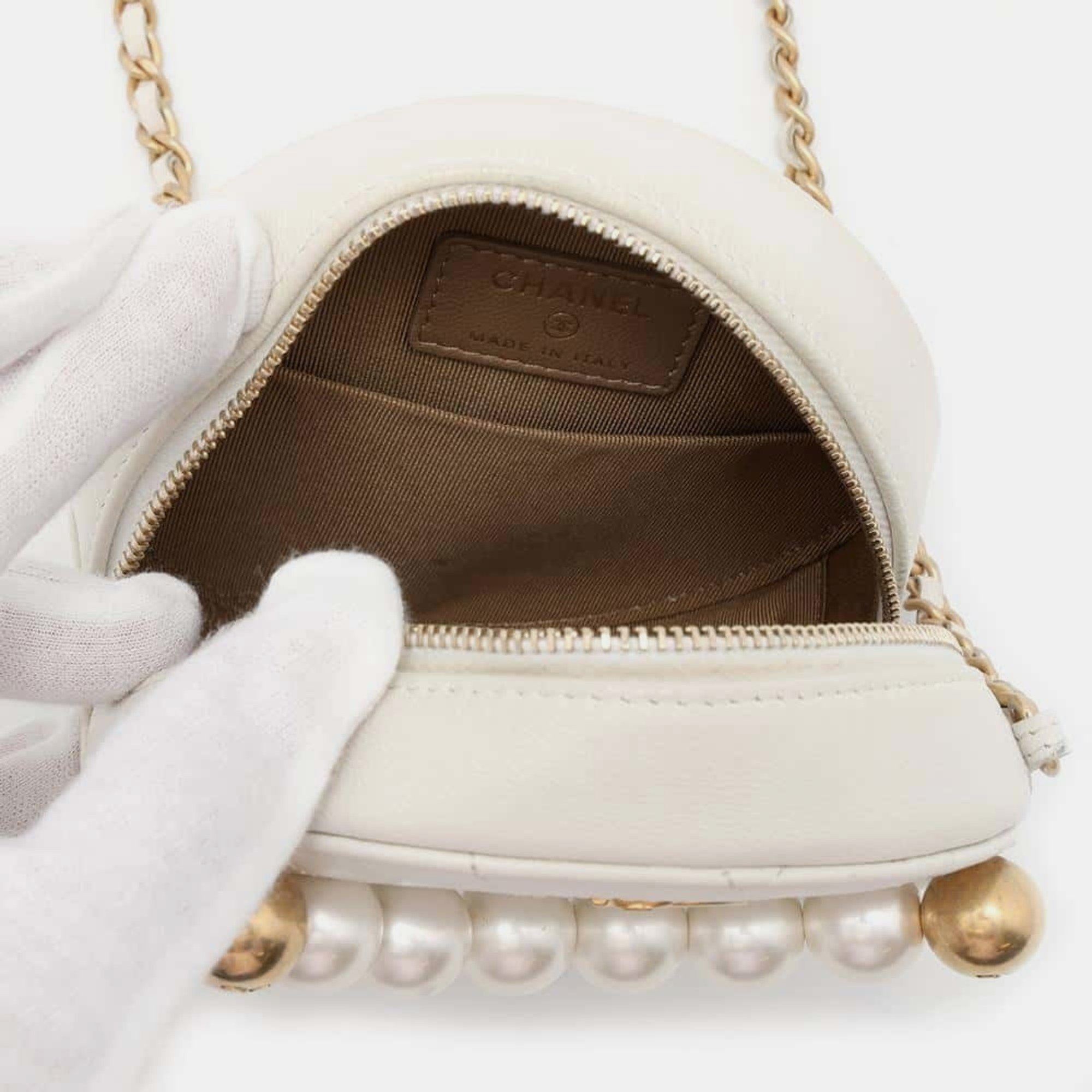 Chanel Lambskin White Coco Mark Matelasse Round Chain Shoulder Bag 
