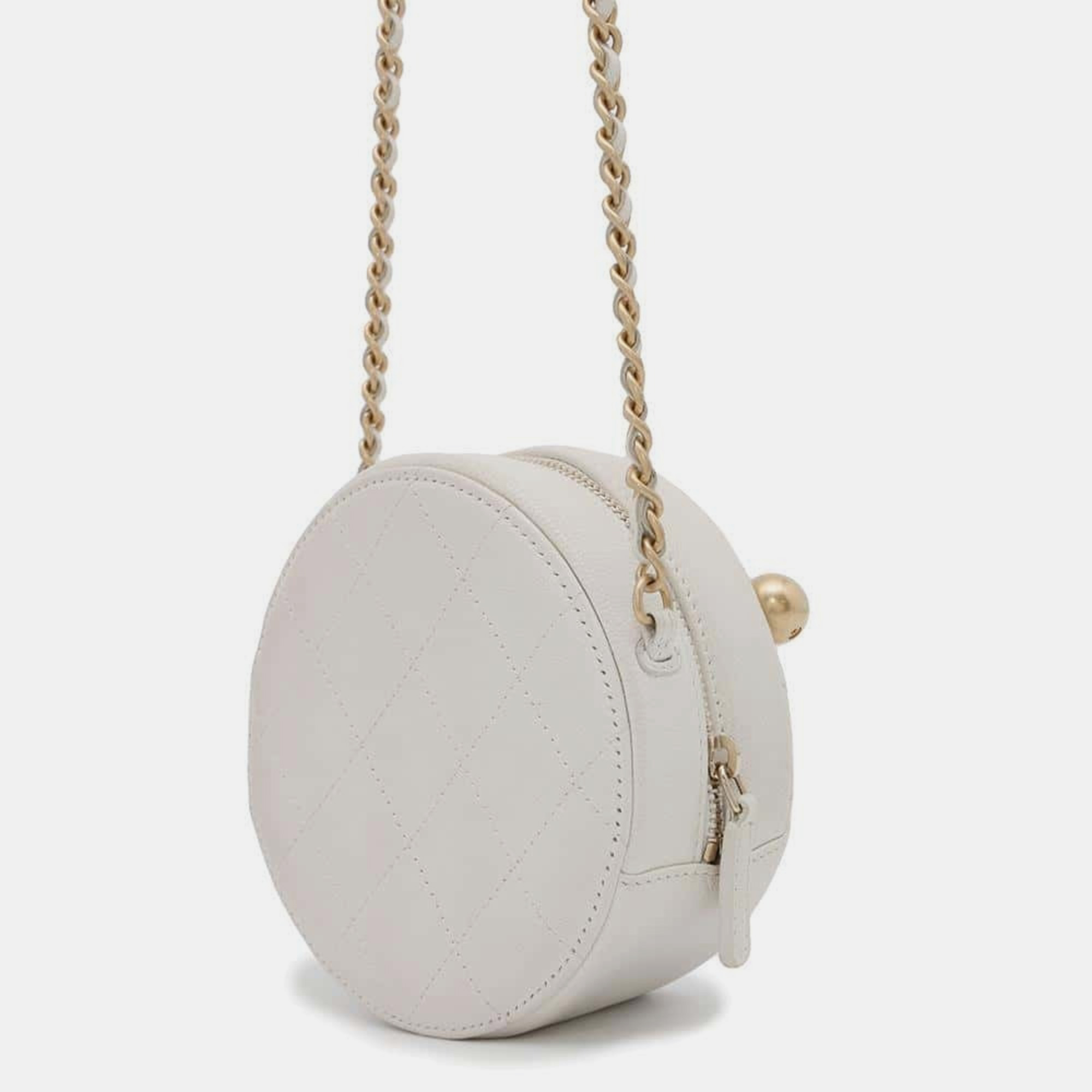 Chanel Lambskin White Coco Mark Matelasse Round Chain Shoulder Bag 
