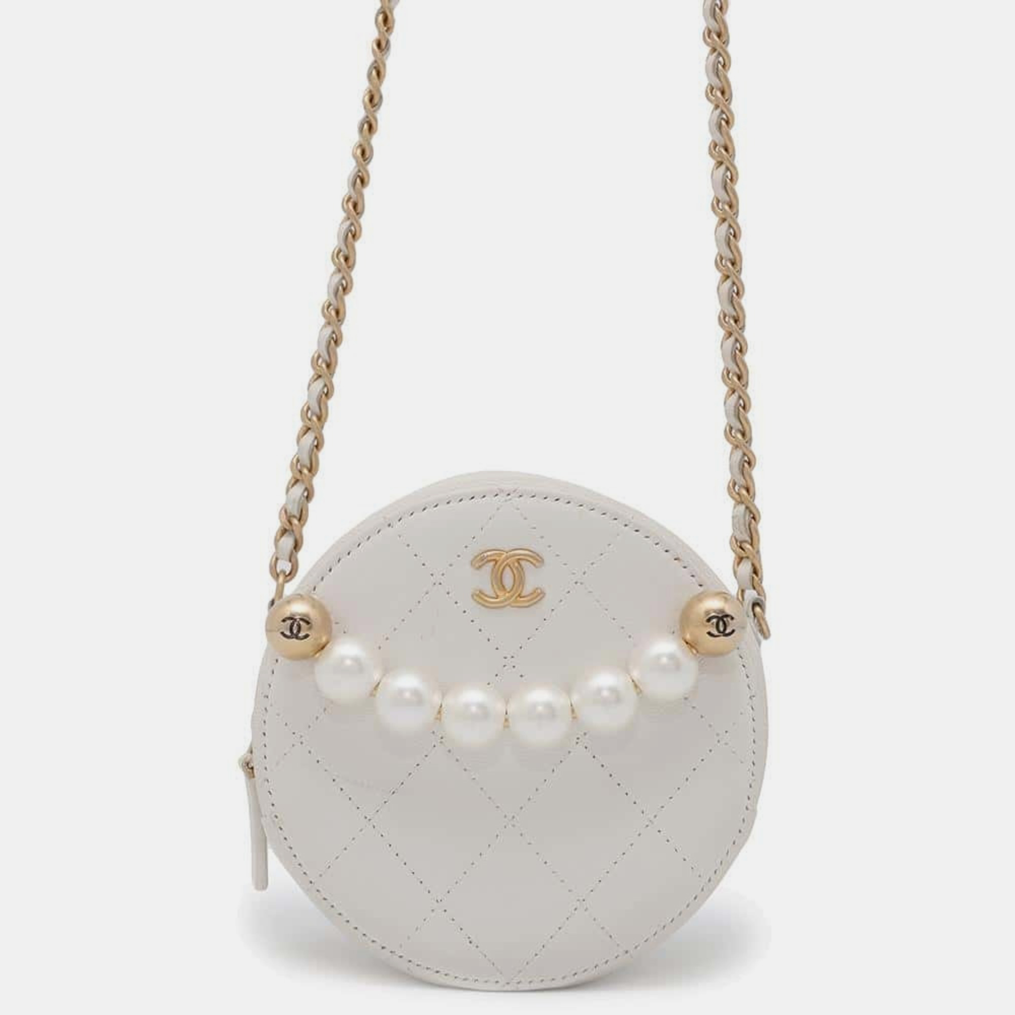 

Chanel Lambskin White Coco Mark Matelasse Round Chain Shoulder Bag