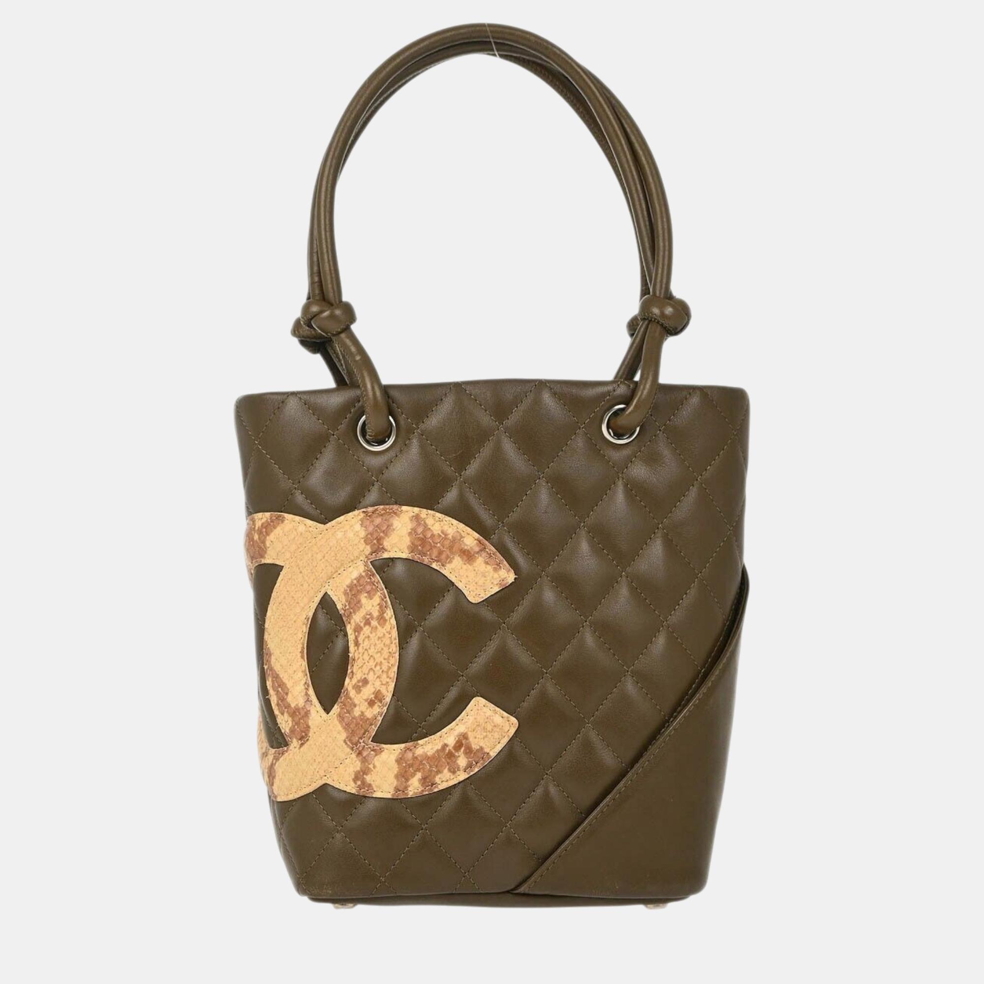 

Chanel Khaki Calfskin Cambon Ligne Tote Handbag, Brown