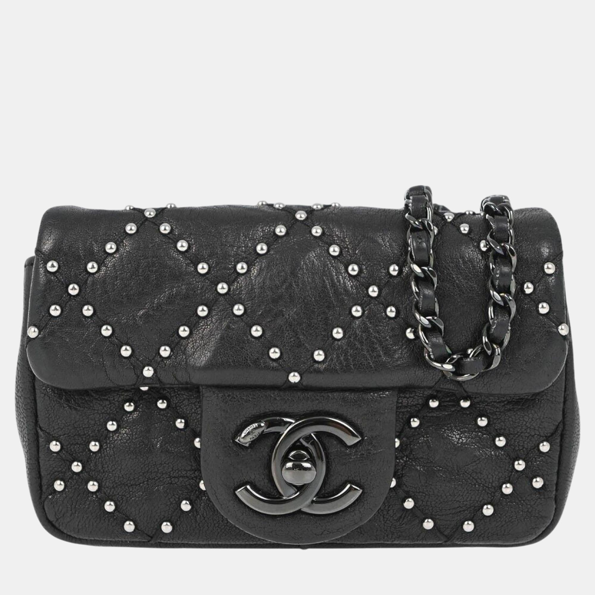 

Chanel Black Lambskin Studded Classic Single Flap Shoulder Bag