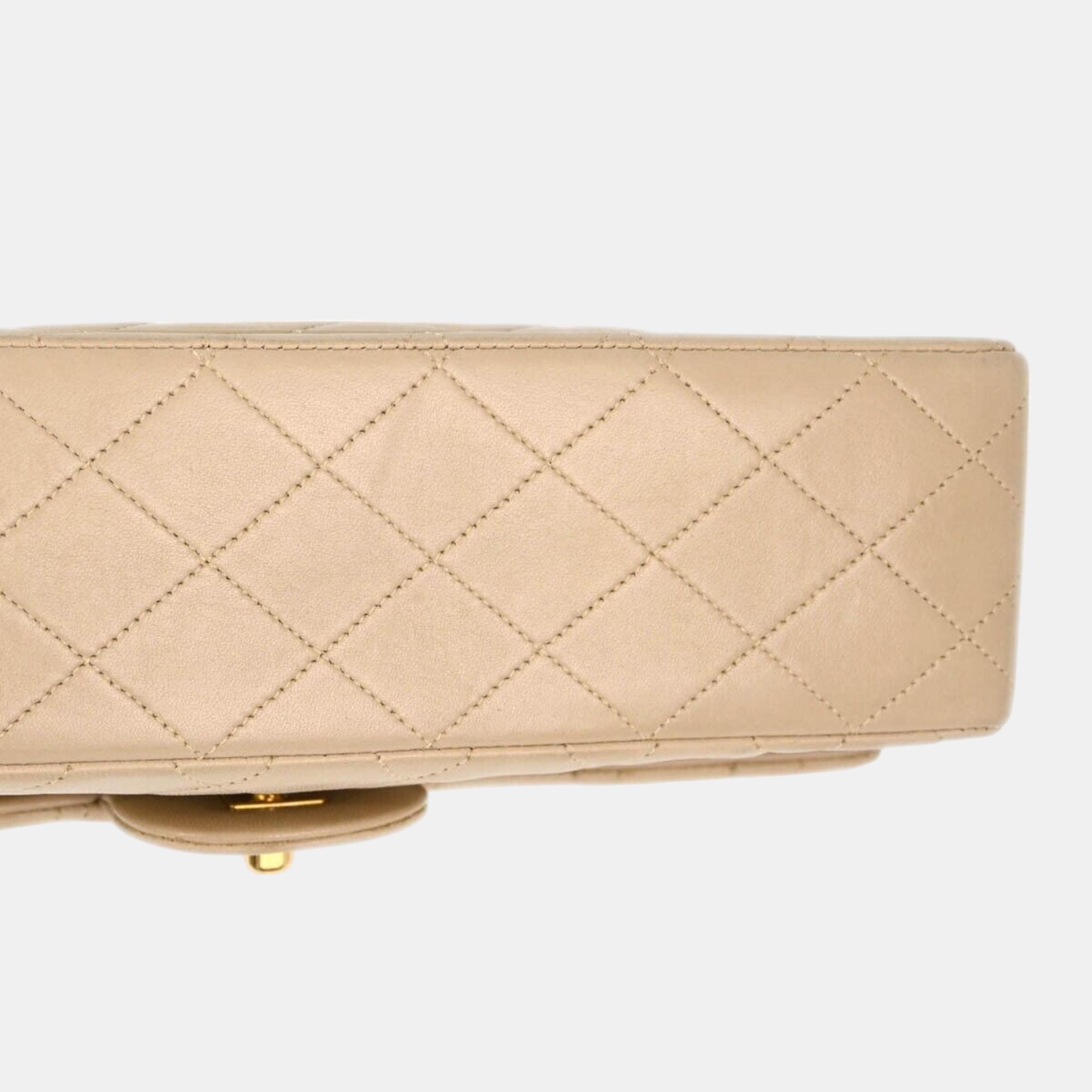 Chanel Beige Lambskin Medium Classic Double Flap Shoulder Bag 