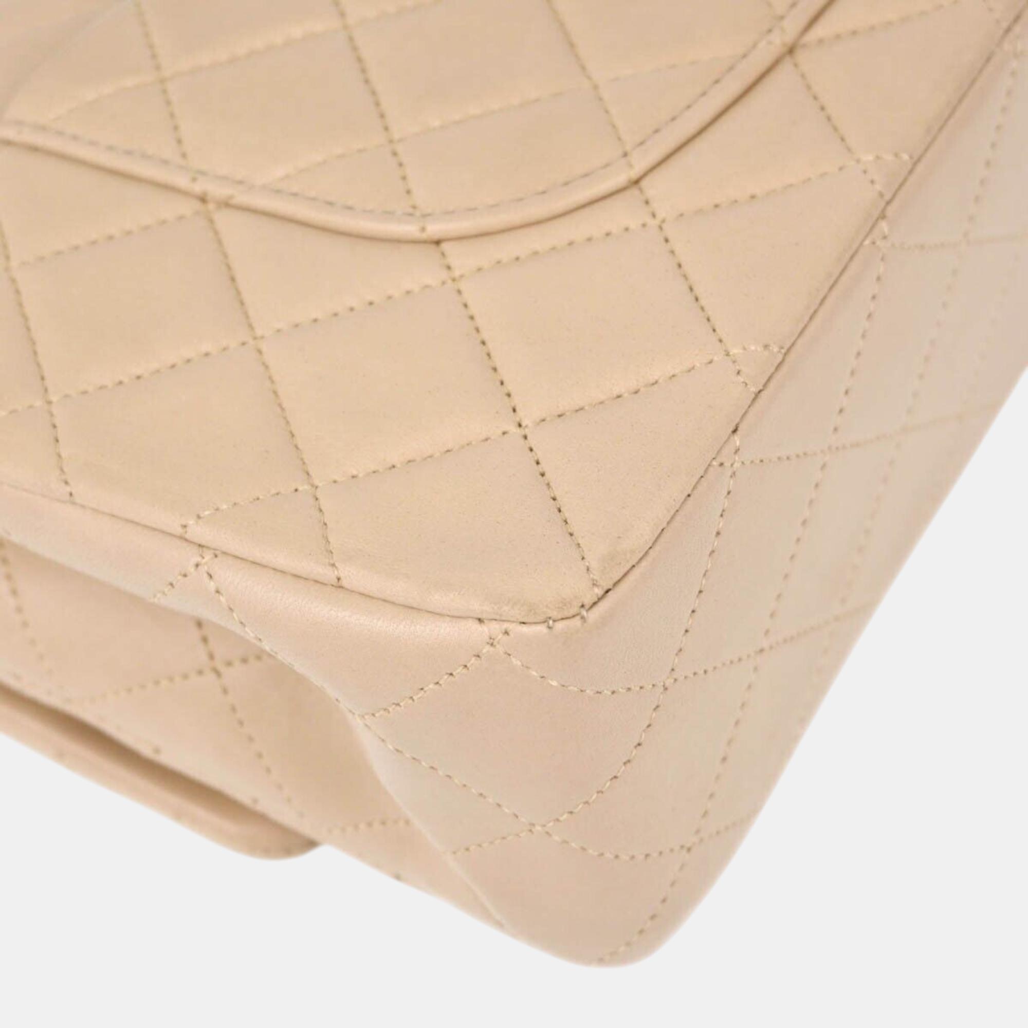Chanel Beige Lambskin Medium Classic Double Flap Shoulder Bag 