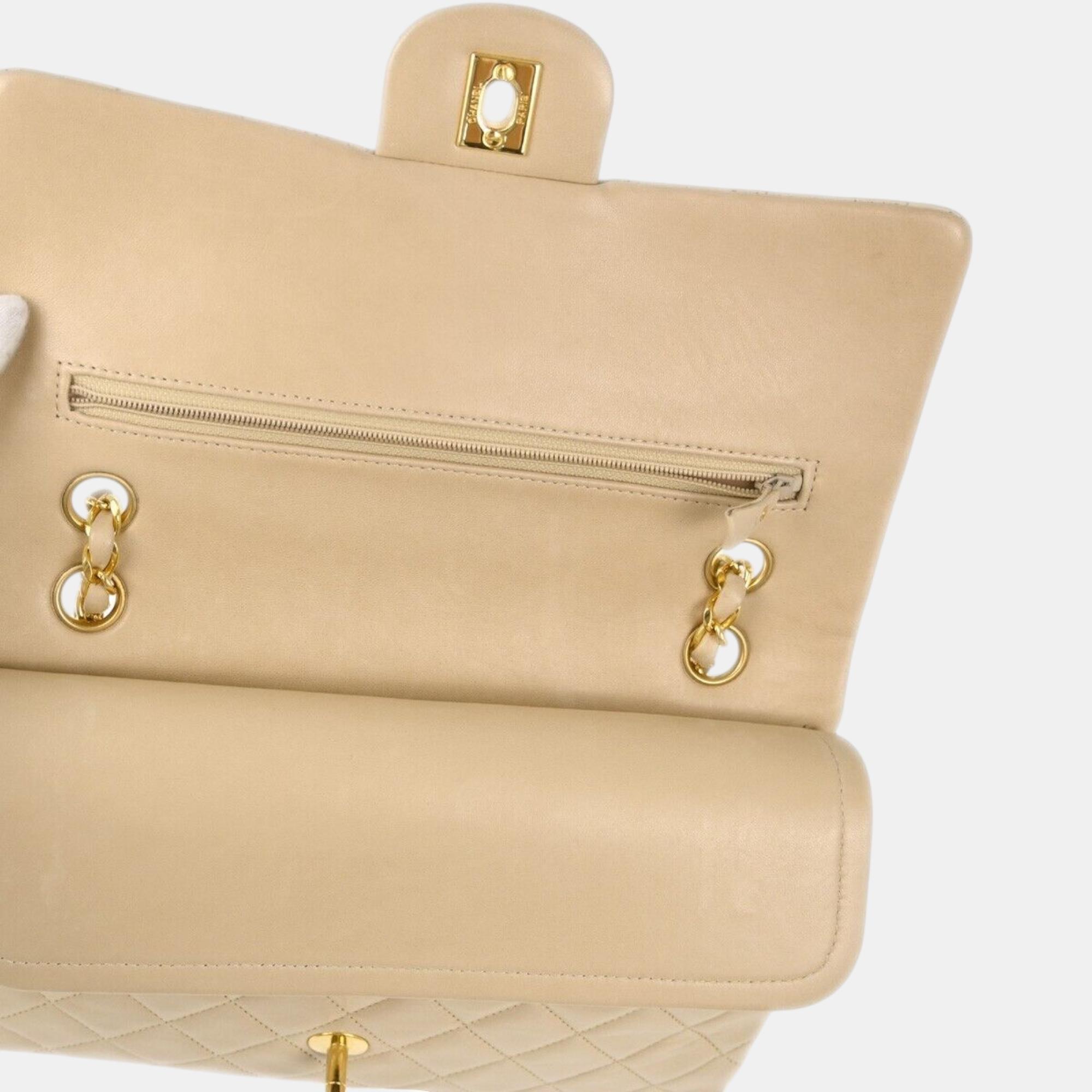Chanel Beige Lambskin Medium Classic Double Flap Shoulder Bag 