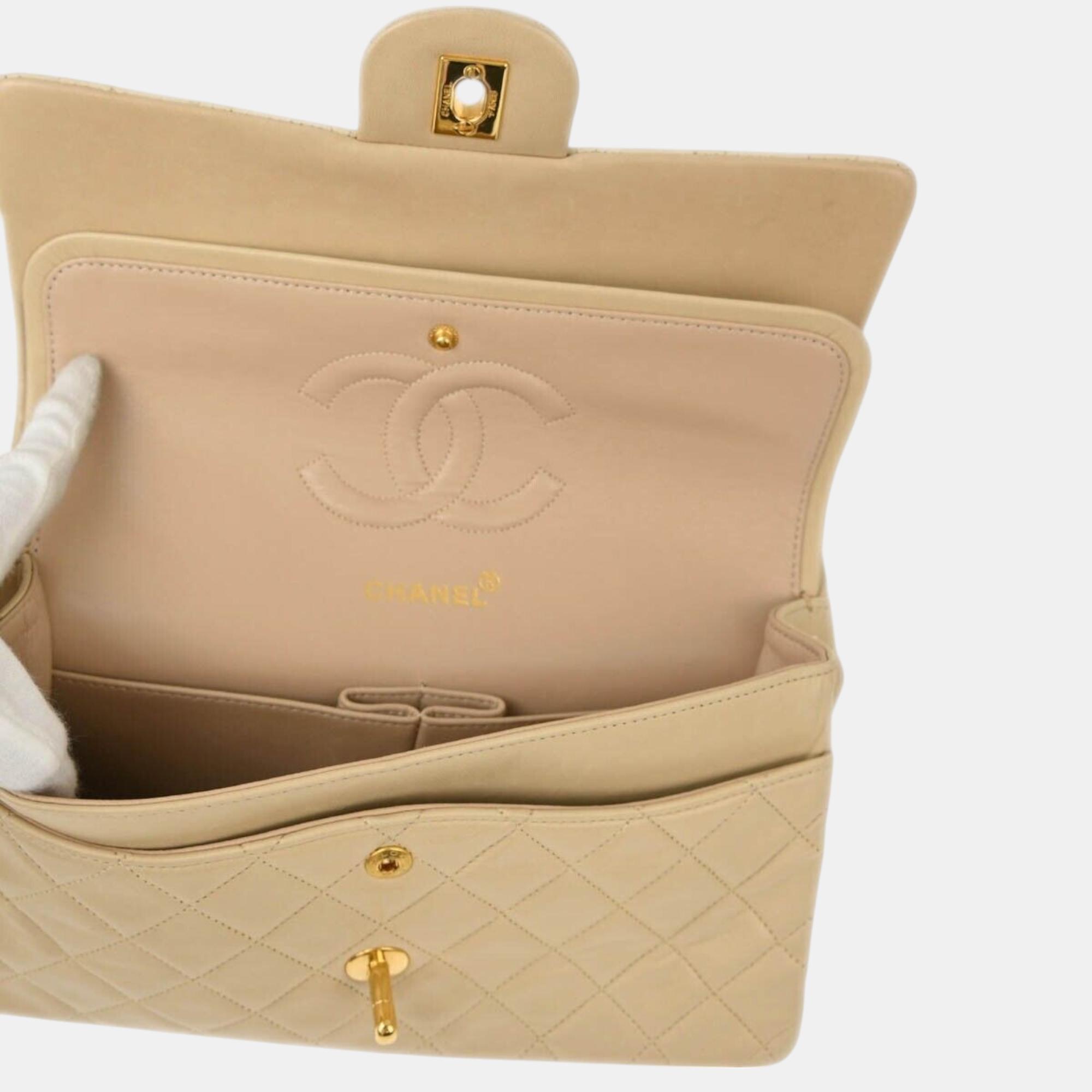 Chanel Beige Lambskin Medium Classic Double Flap Shoulder Bag 
