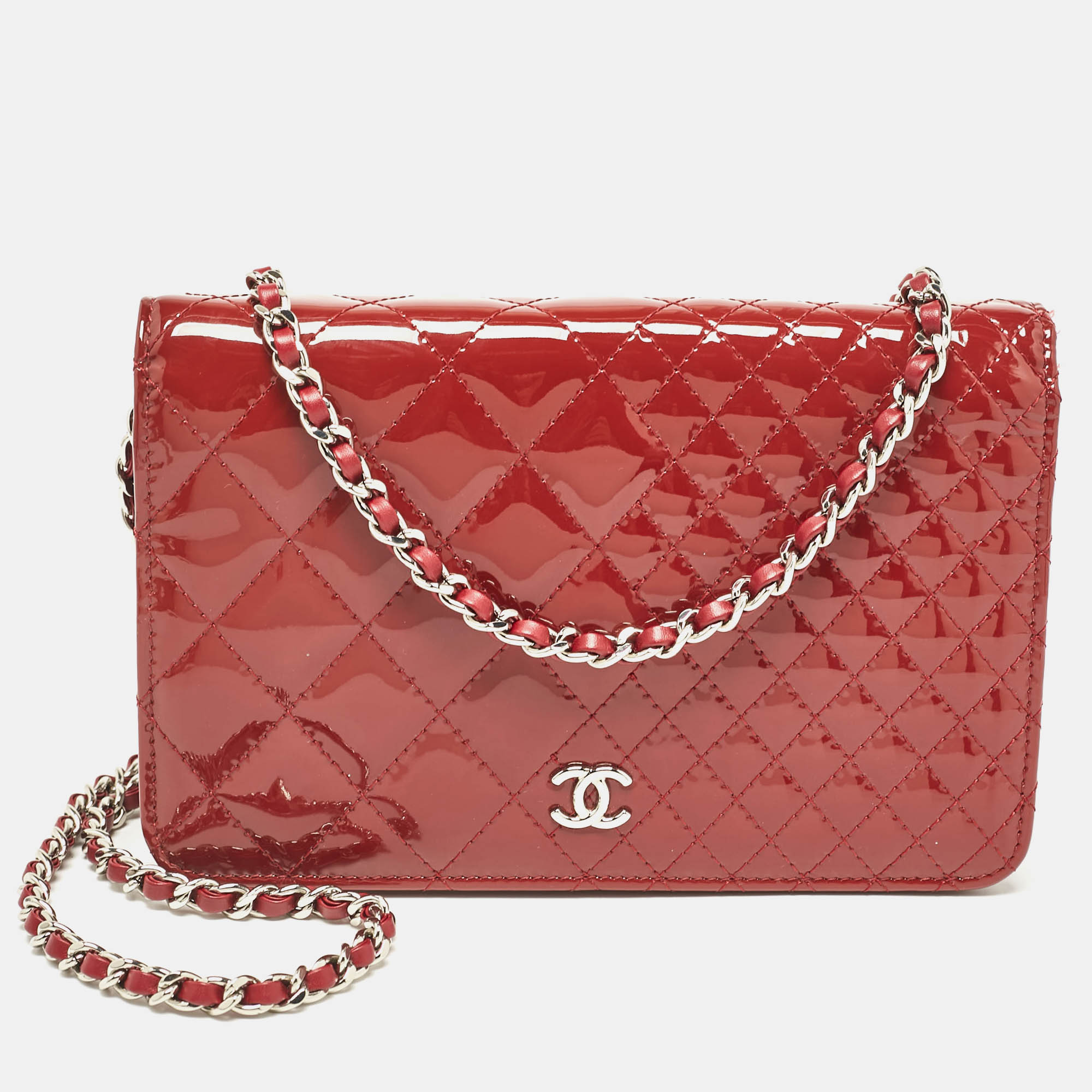 

Chanel Red Quilted Patent Leather Classic Wallet On Chain