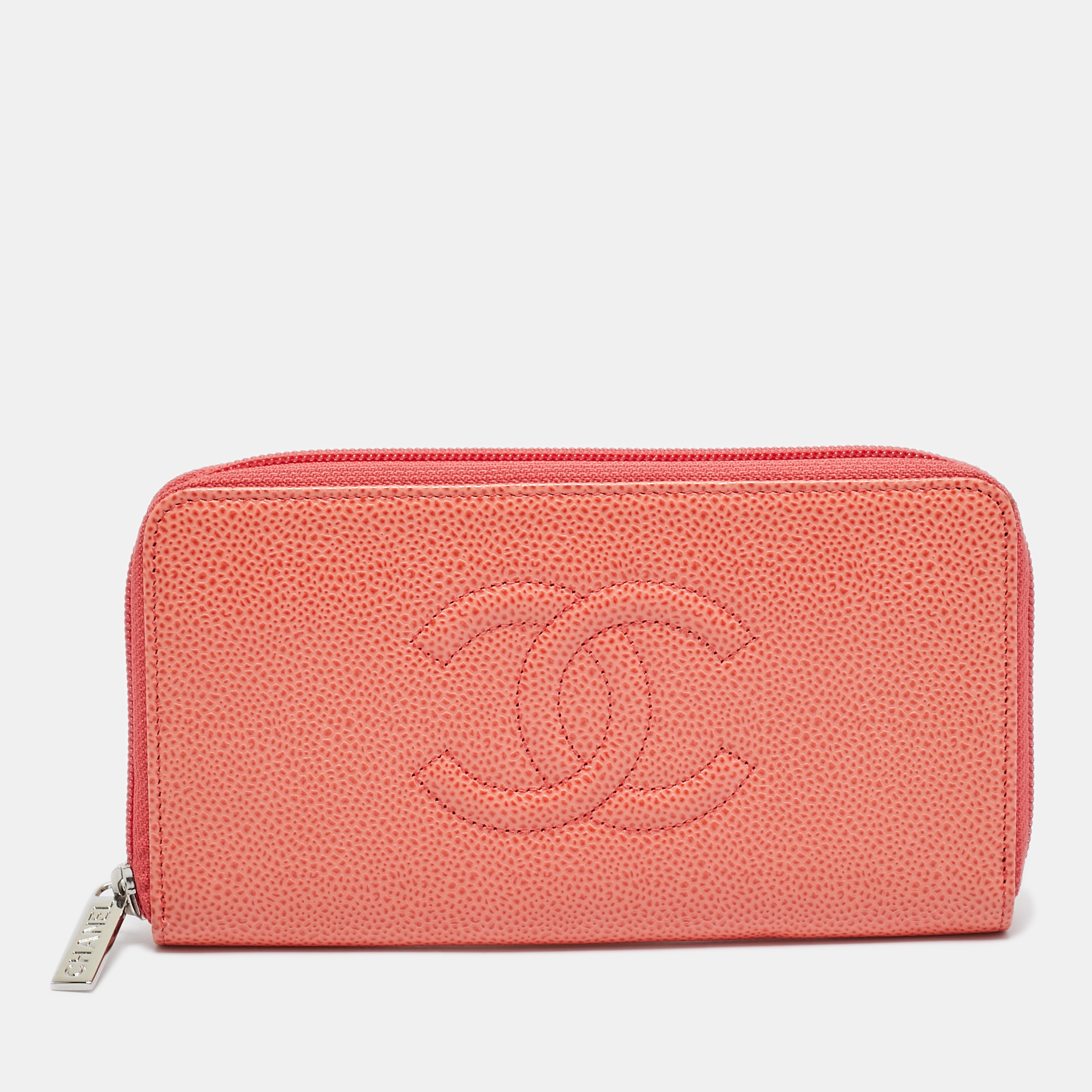 

Chanel Orange Caviar Leather CC Zip Around Wallet