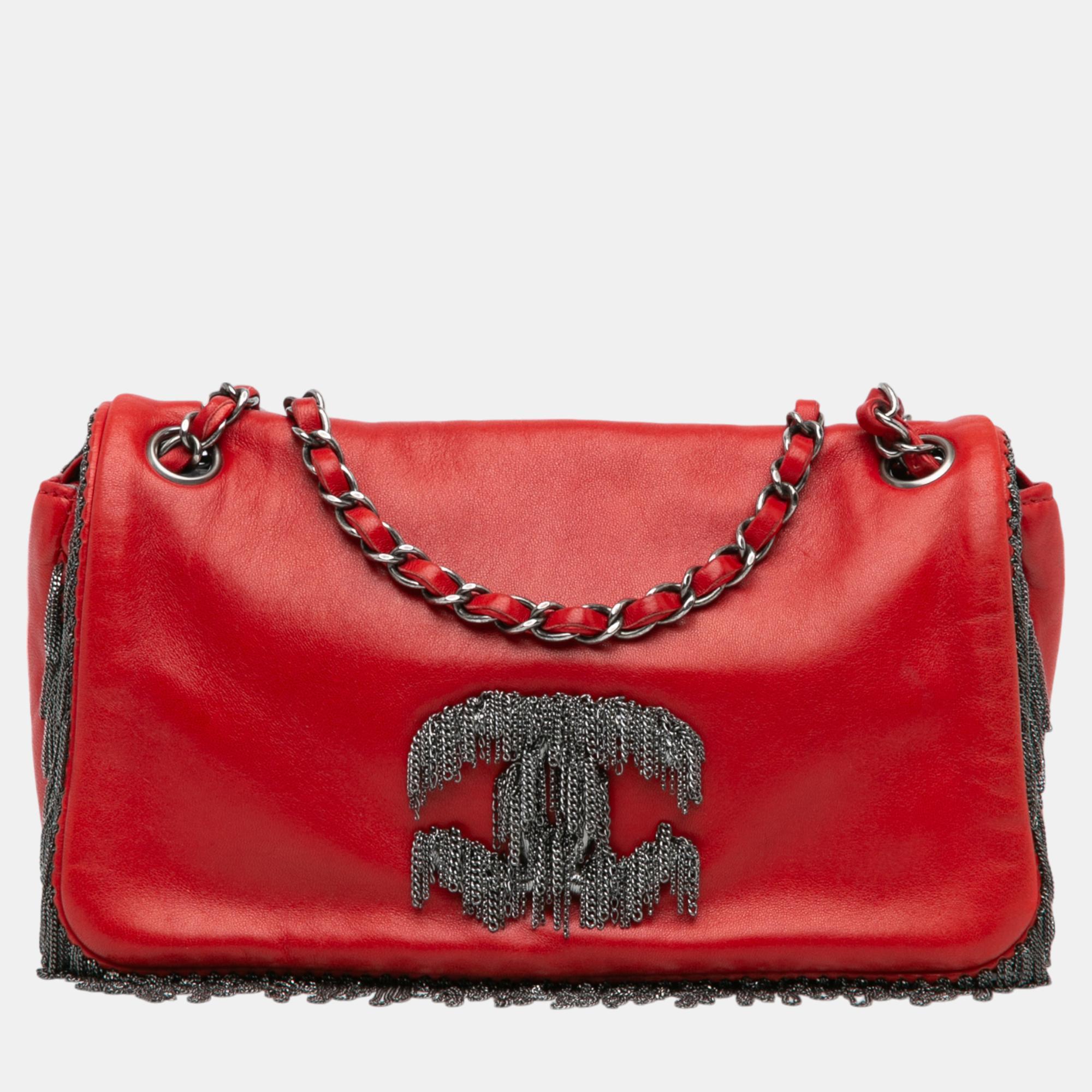 

Chanel Small Lambskin Rock and Cabaret Fringe Chain CC Flap, Red