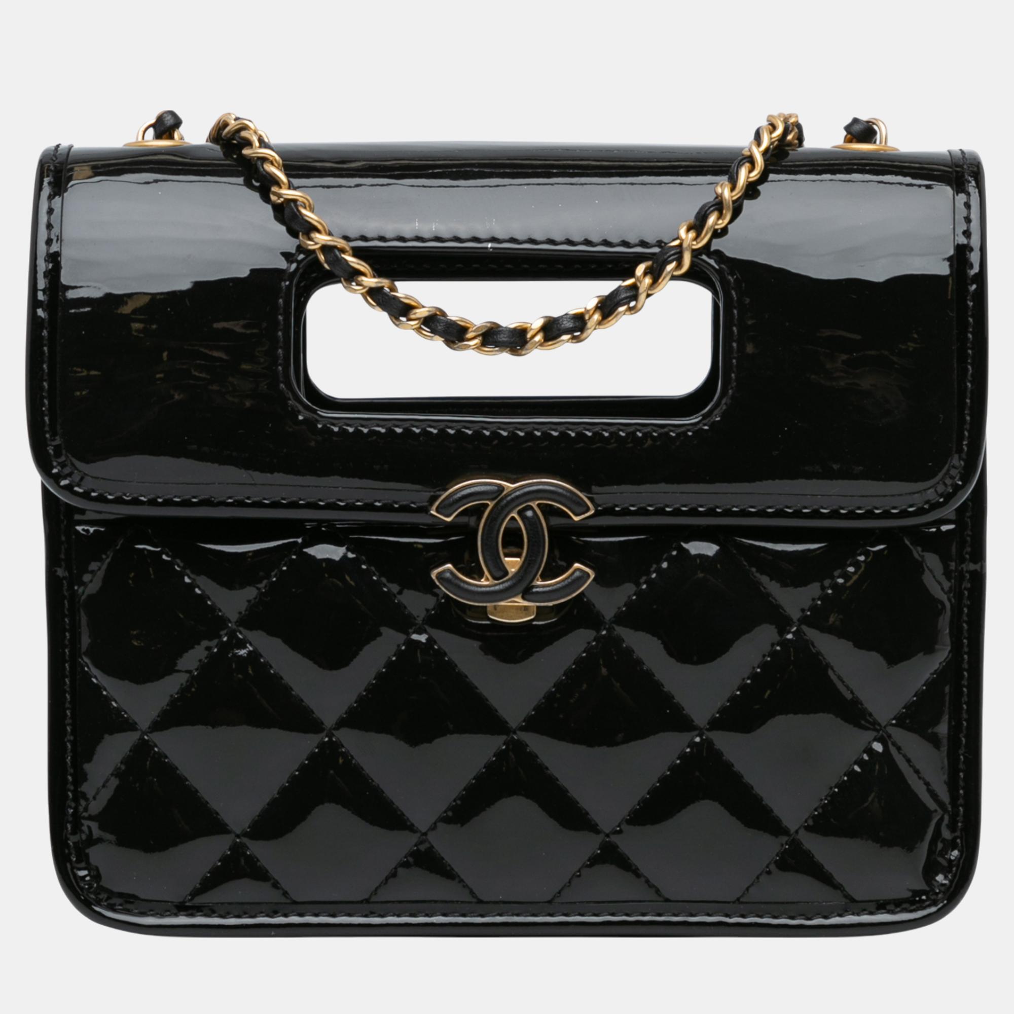 

Chanel Mini Quilted Patent Graphic Catch Flap, Black