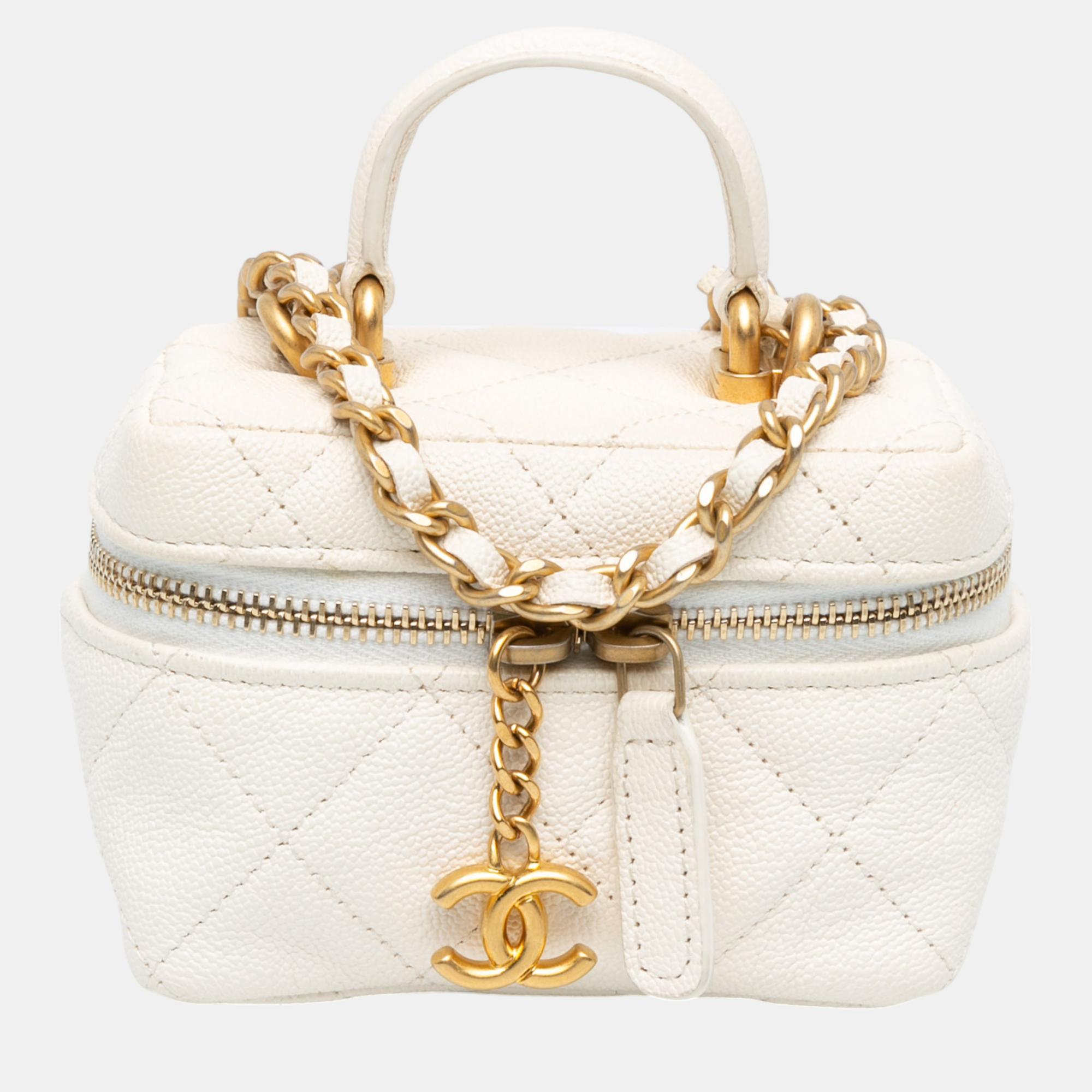 

Chanel Mini Caviar Chain Zip Around Vanity Case, White