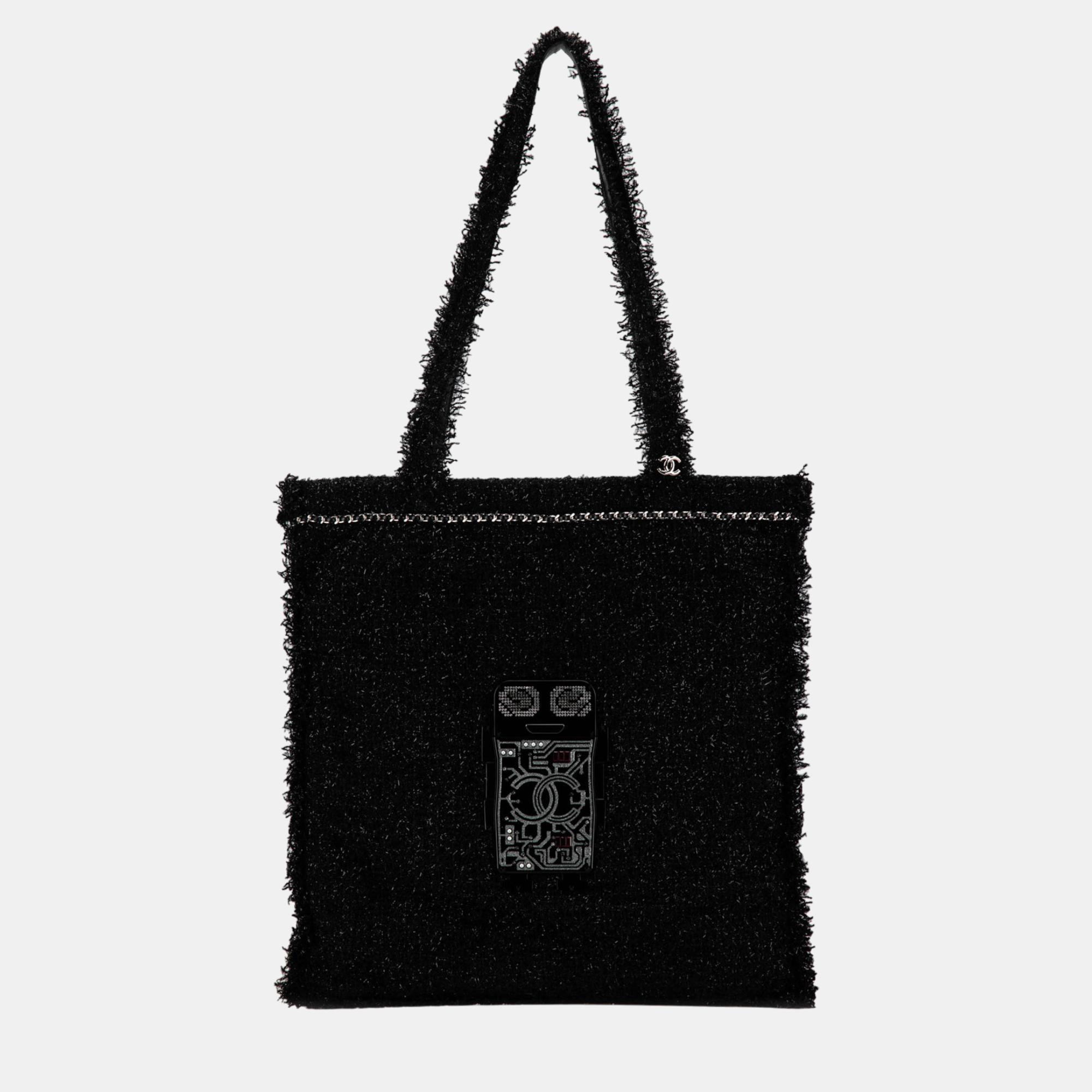 

Chanel Large Resin Embellished Tweed Robot Shopping Tote, Black