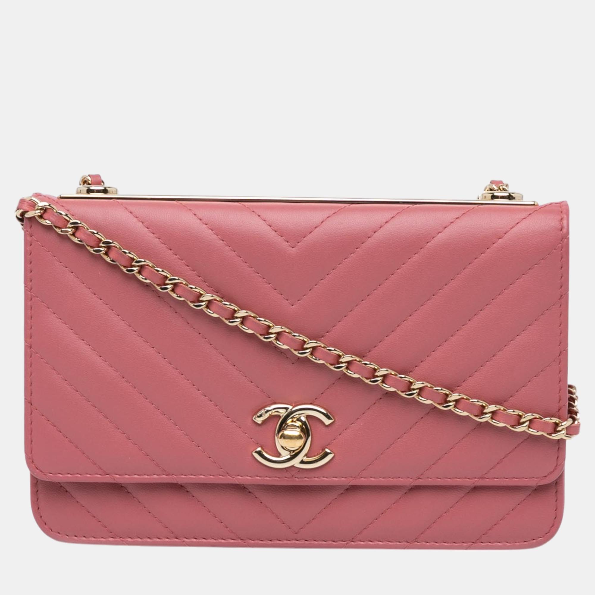 

Chanel Chevron Quilted Lambskin Trendy CC Wallet on Chain, Pink