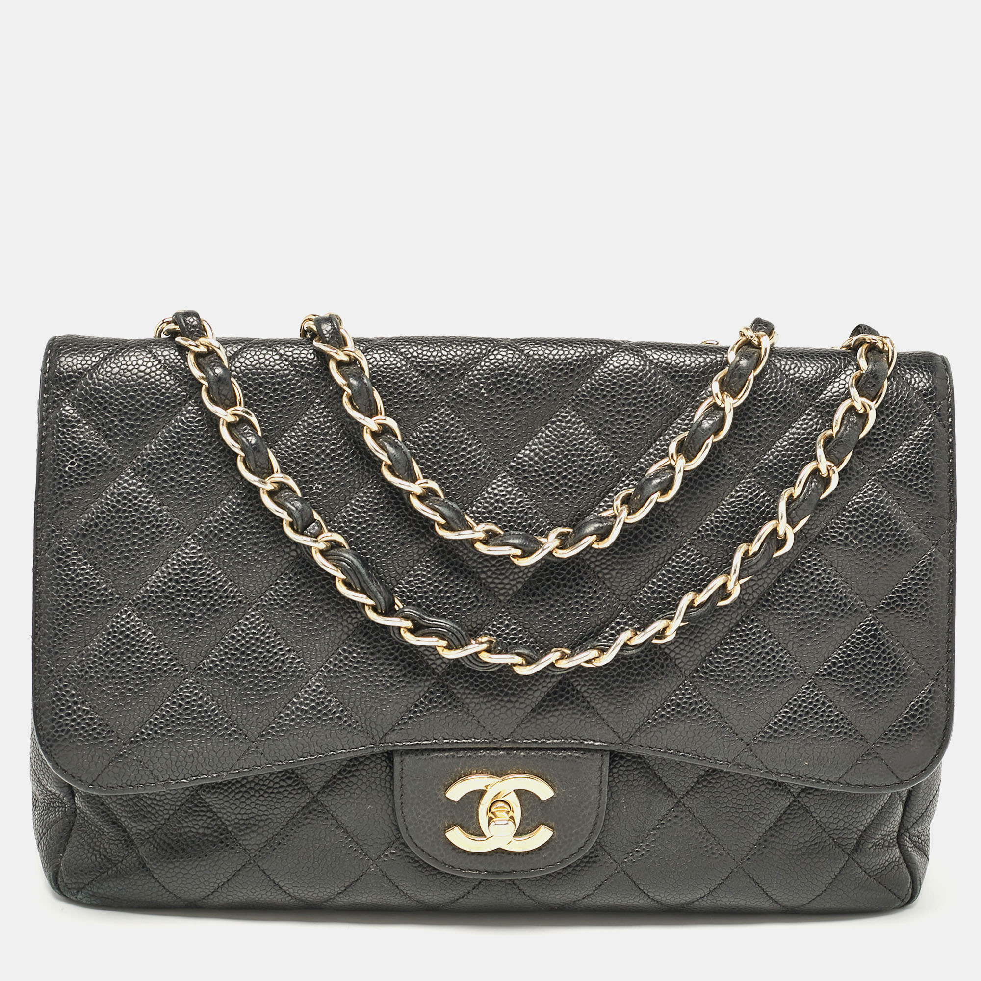 

Chanel Black Quilted Caviar Leather Jumbo Classic Single Flap Bag