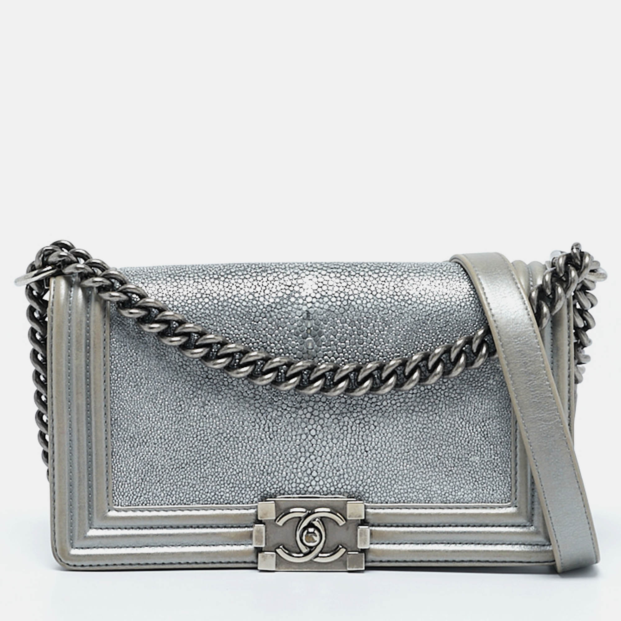 

Chanel Grey/Silver Leather and Stingray Medium Boy Flap Bag