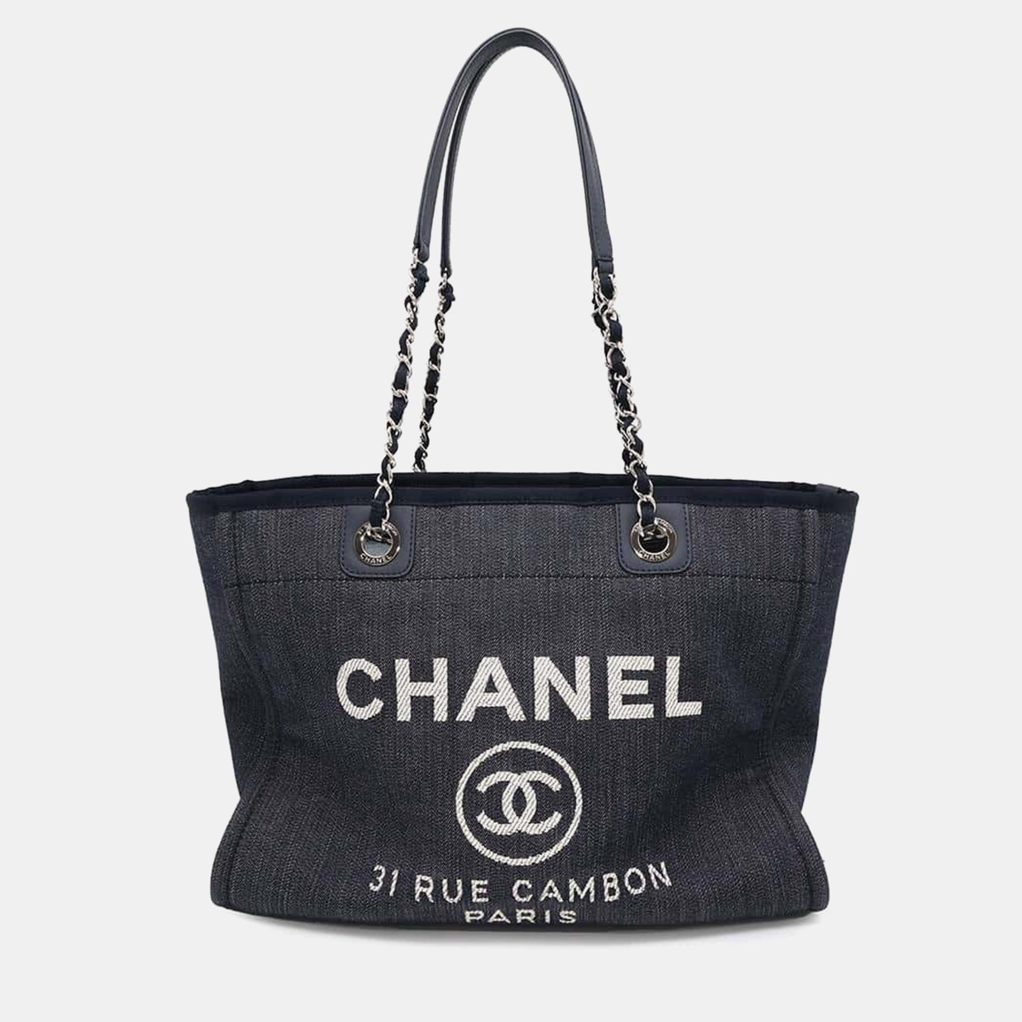 

Chanel Blue Canvas Leather Deauville Chain tote Bag Size Mm