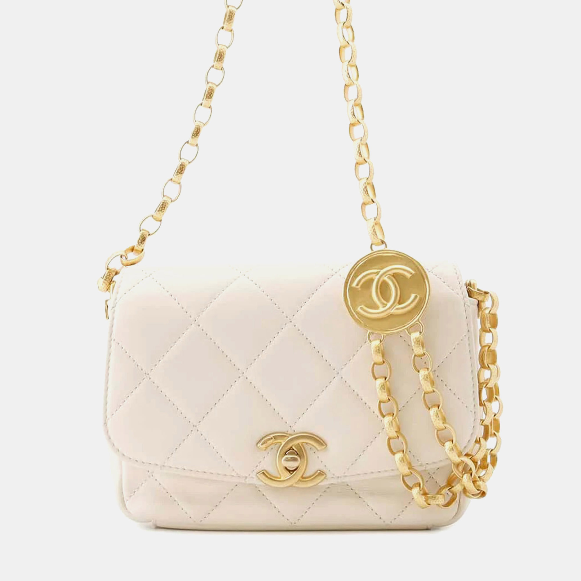 

Chanel White Lambskin Matelasse Coin Motif Chain shoulder Bag