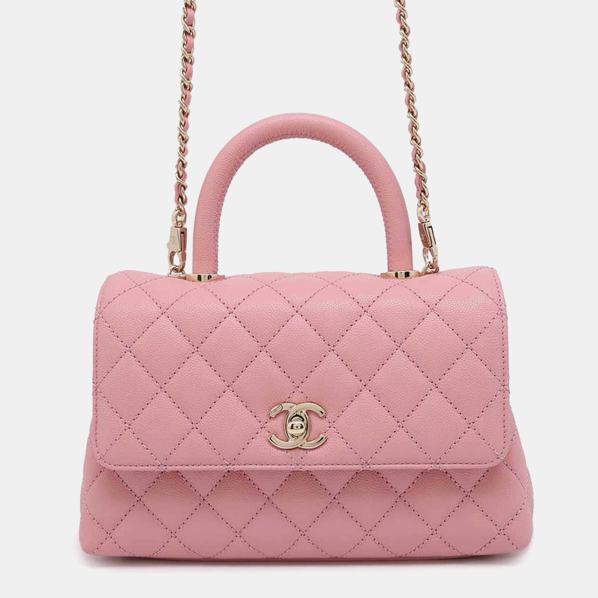 

Chanel Light Pink Caviar Leather Coco Handle Matelasse Top Handle handbag Size