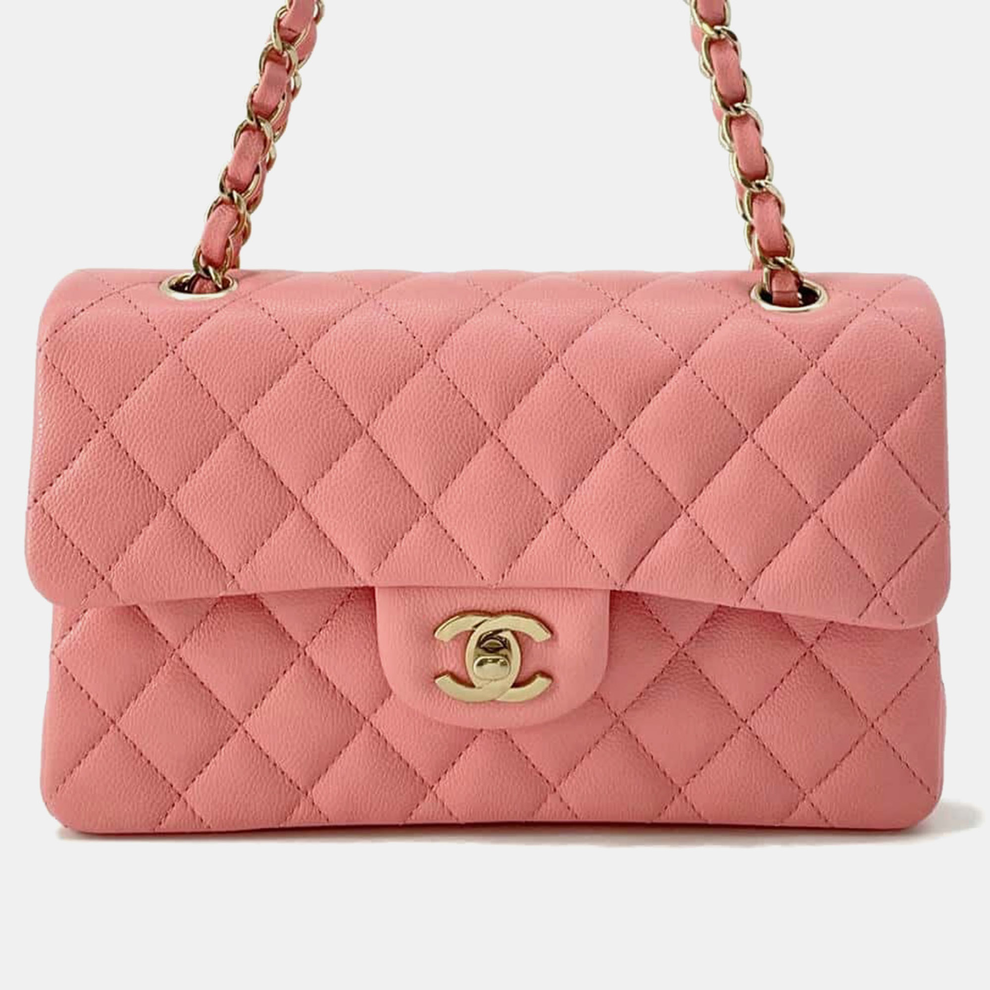 

Chanel Pink Caviar Leather Matelasse W Flap Chain shoulder Bag Size