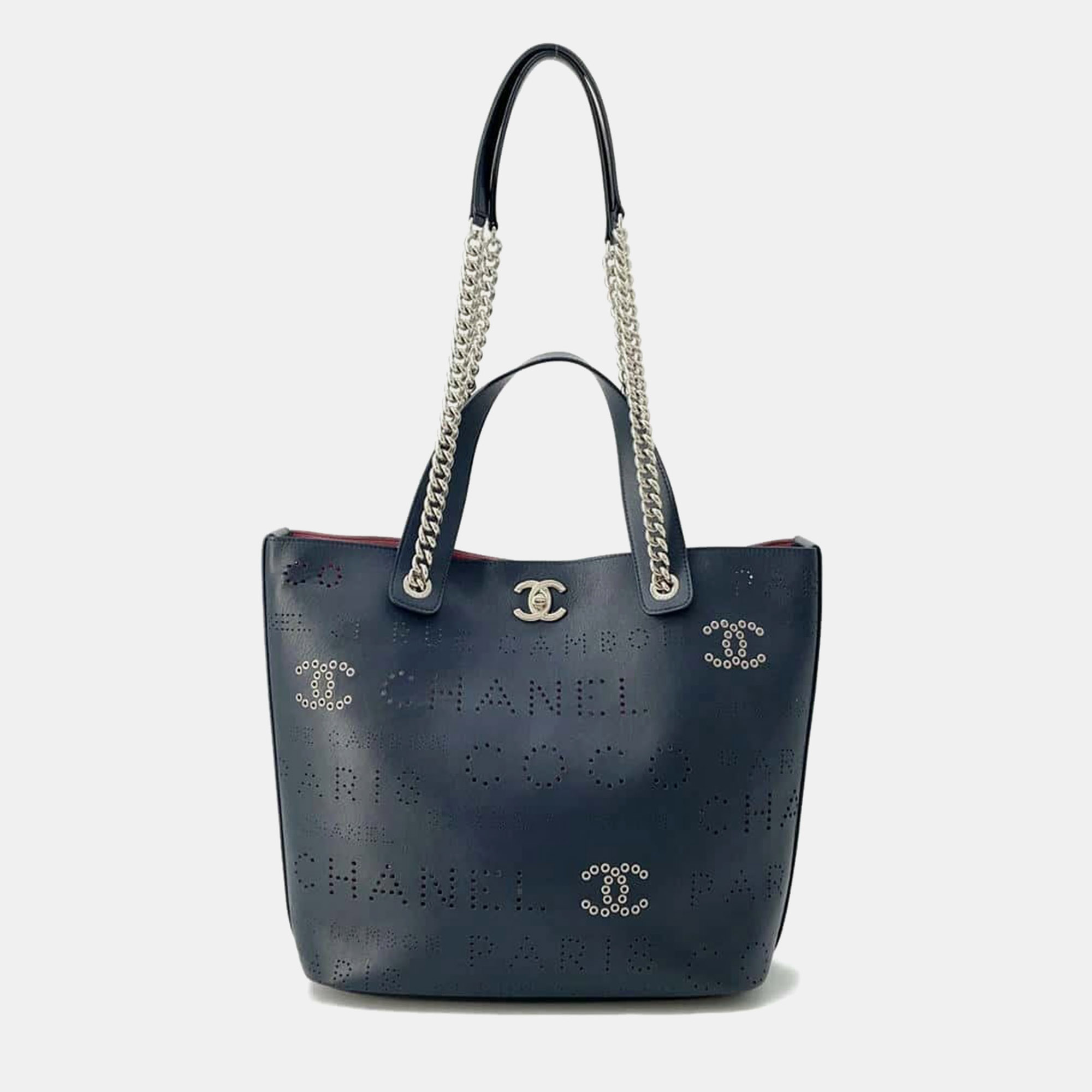 

Chanel Navy Leather Punching Logo Chain Tote bag, Navy blue