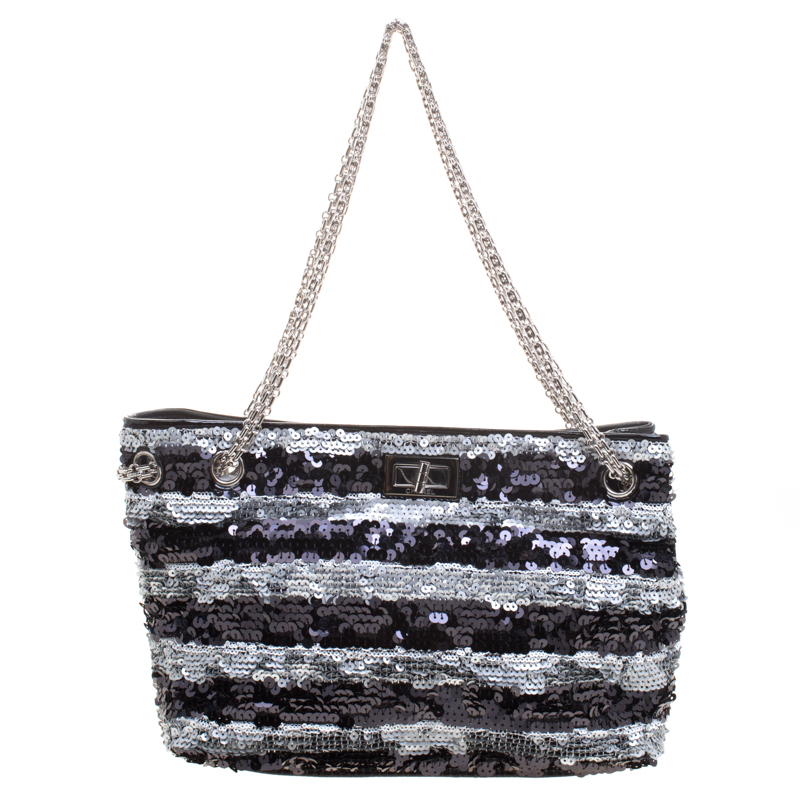 Pre Owned Chanel Black/Silver Stripe Sequins Reissue Shoulder Bag