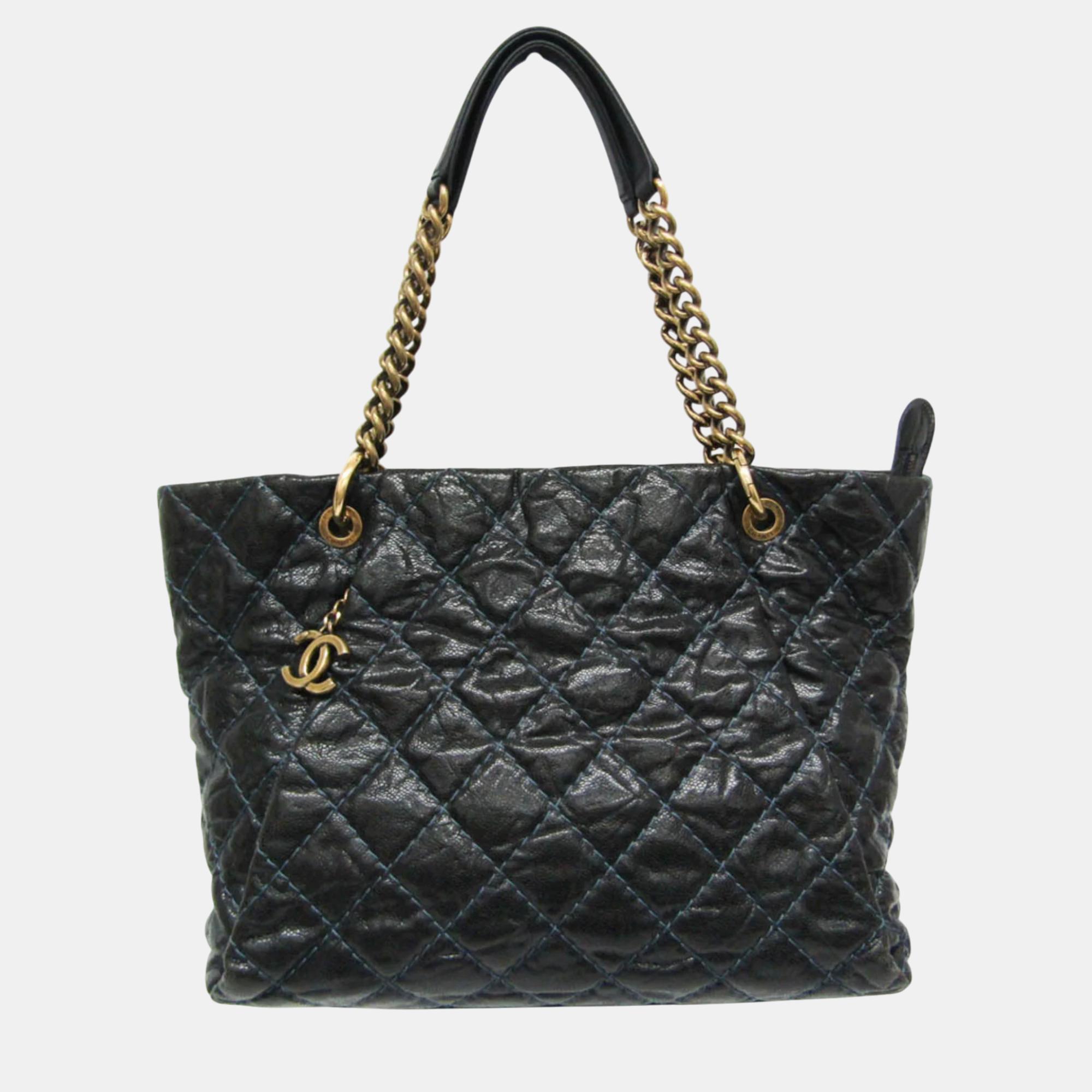 

Chanel Black Navy Matelasse Chain Caviar Leather Tote Bag