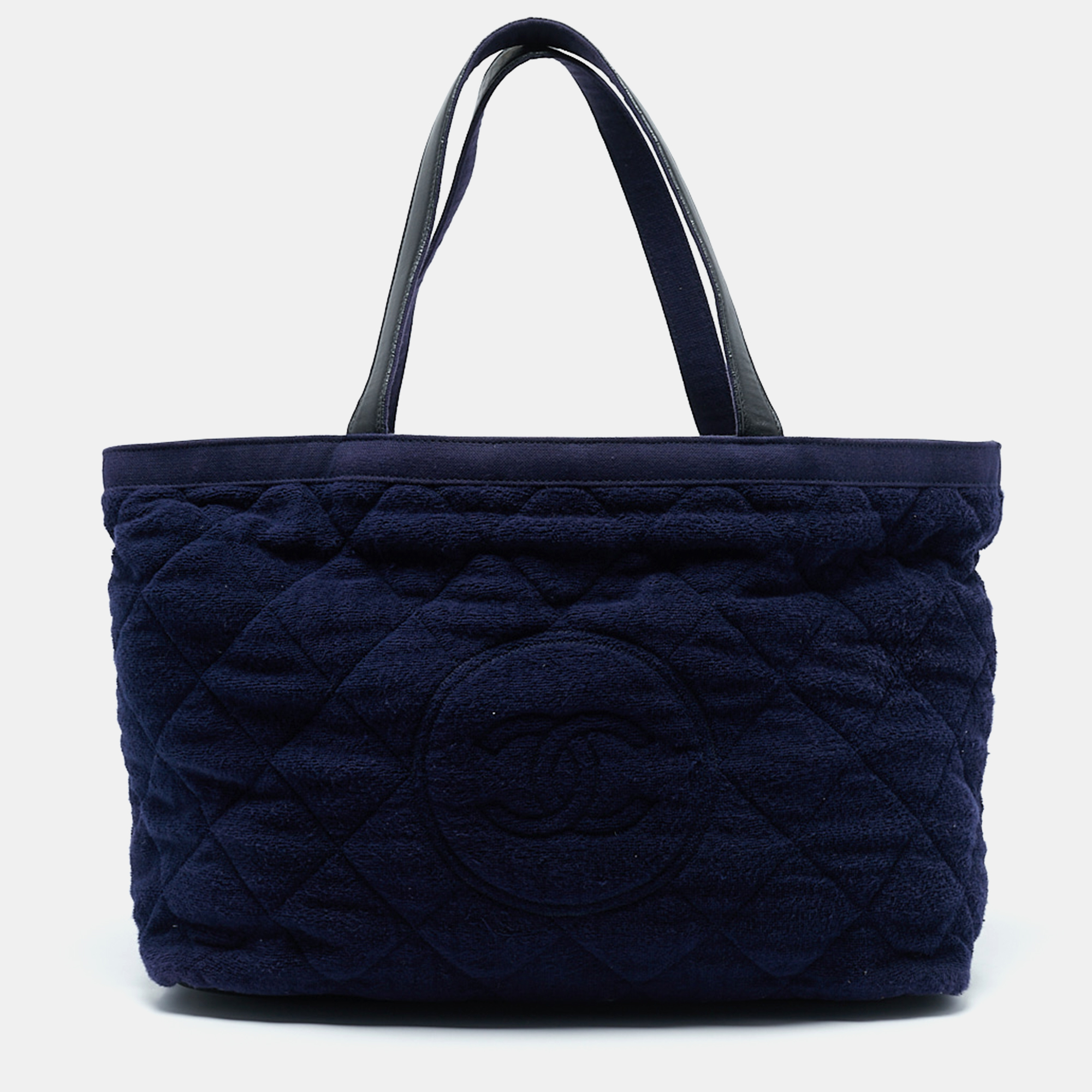 

Chanel Navy Blue Quilted Terry Cloth CC Beach Tote