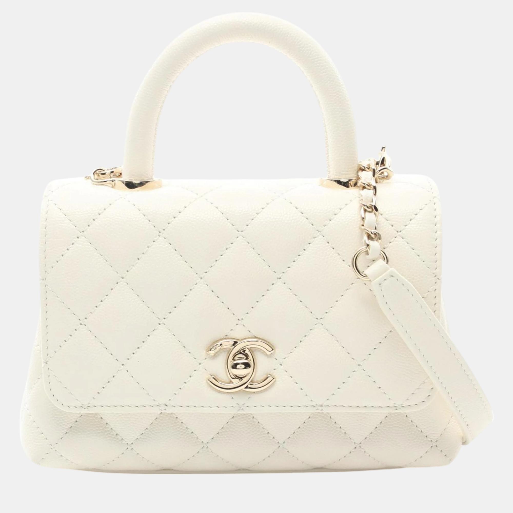 

Chanel White Caviar Skin (Grained Calf) Coco Handle  Handbag