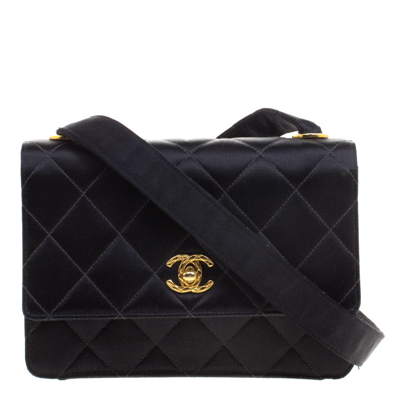 Pre Owned Chanel Black Quilted Satin Classic Flap Crossbody Bag