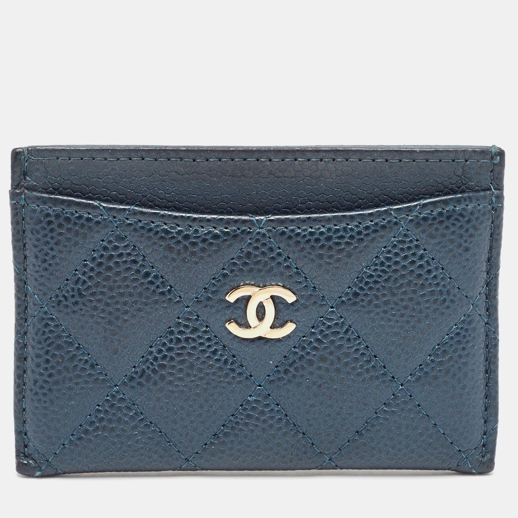 

Chanel Teal Blue Quilted Caviar Leather CC Card Holder