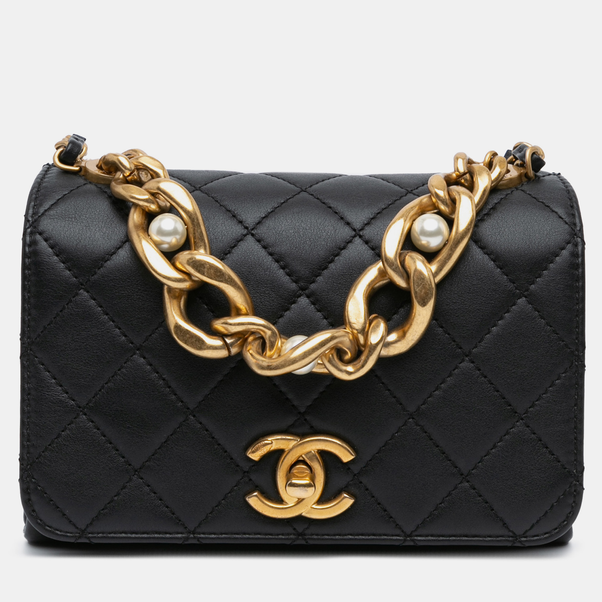 Quilted Calfskin Pearl Jewel Chain Flap