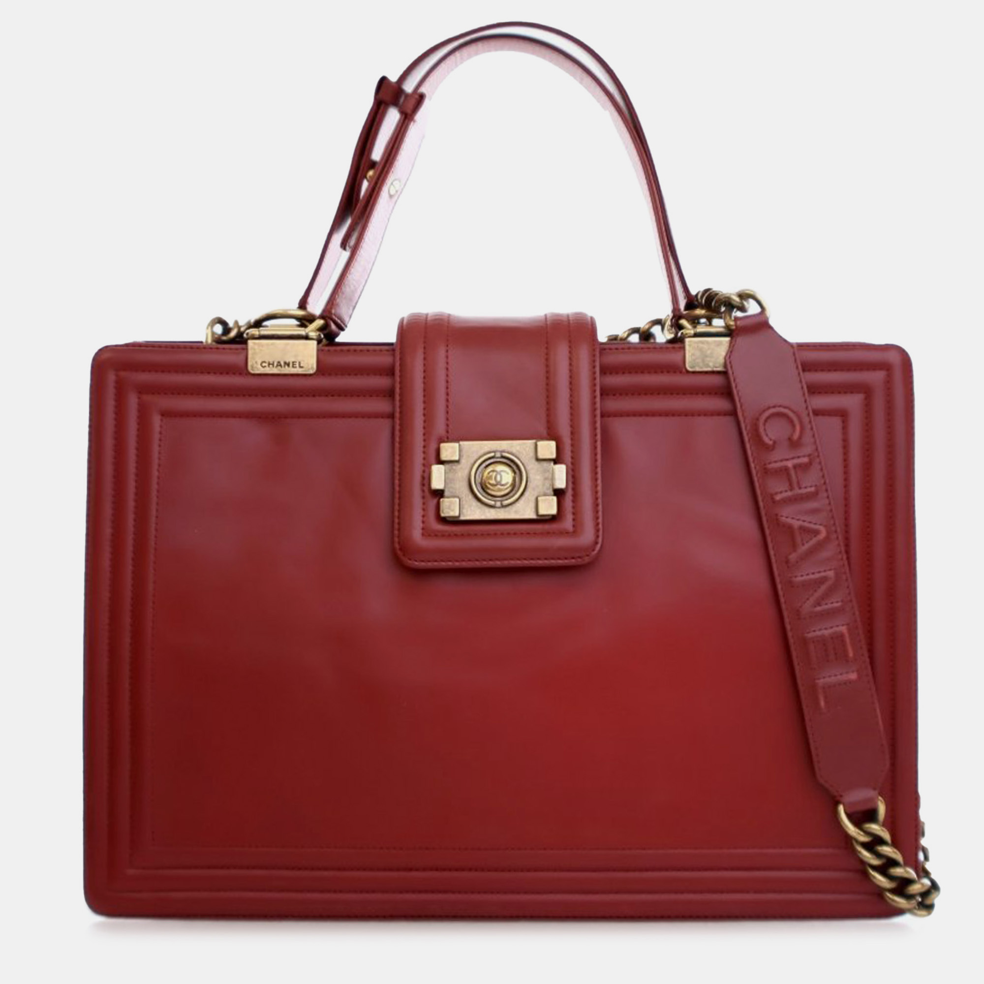 

Chanel Red Calf Leather Glazed Calfskin Reverso Boy Satchel Bag