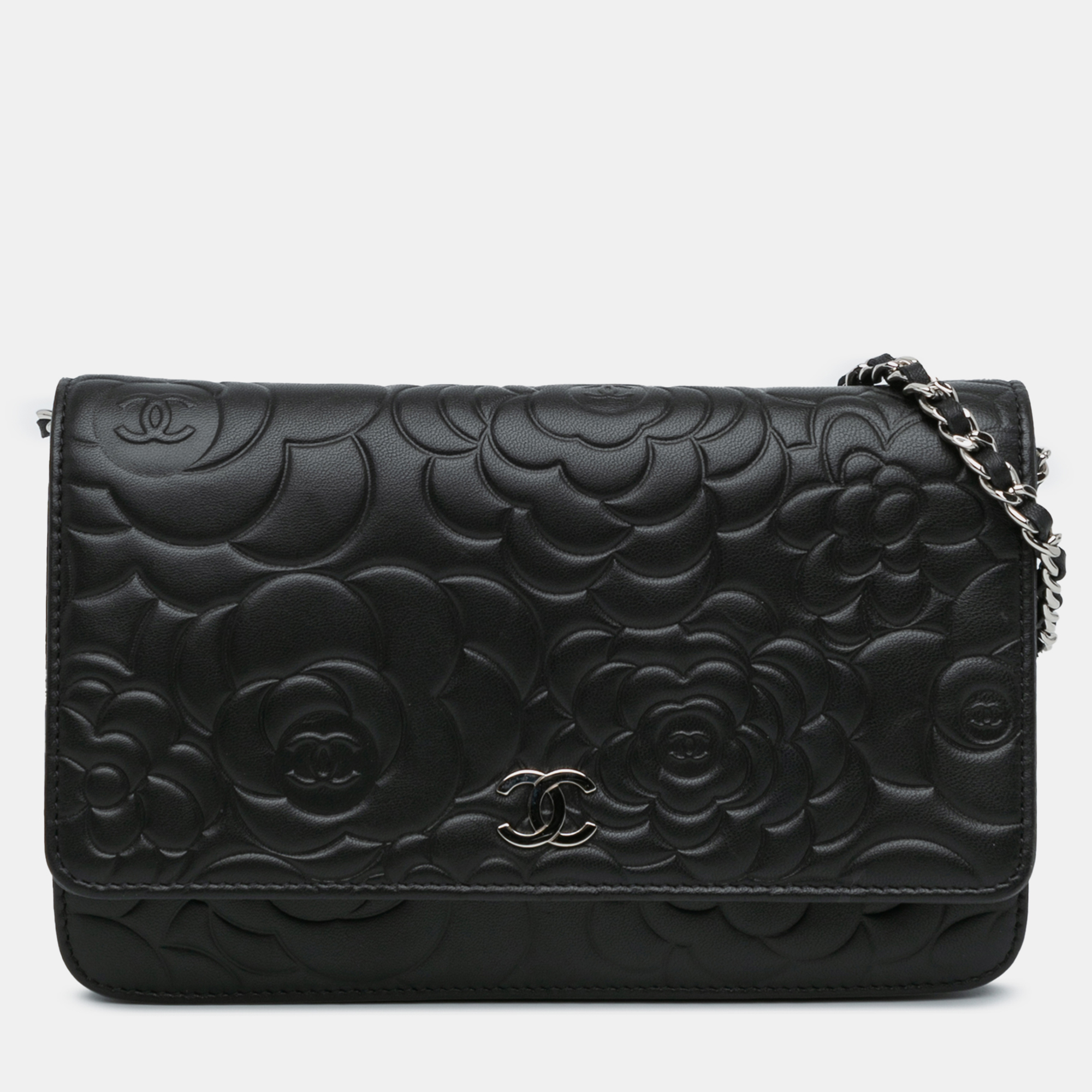 

Chanel Black Lambskin Leather Chanel Camellia Embossed Wallet On Chain