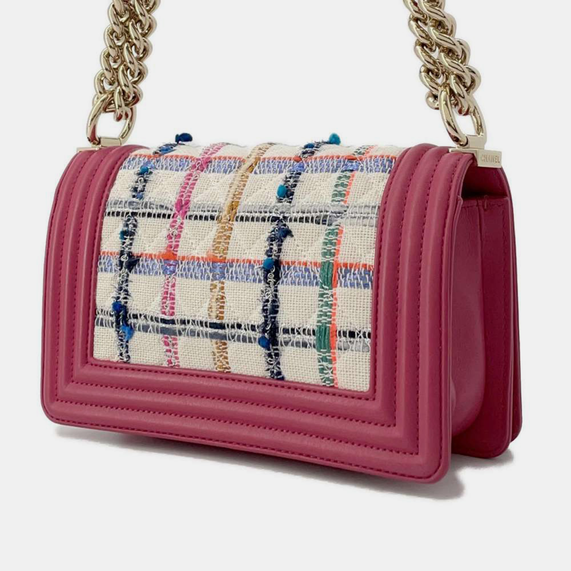 Chanel Pink/Multicolor Leather Tweed Boy Chanel Tweed chain shoulder bag Size Small 