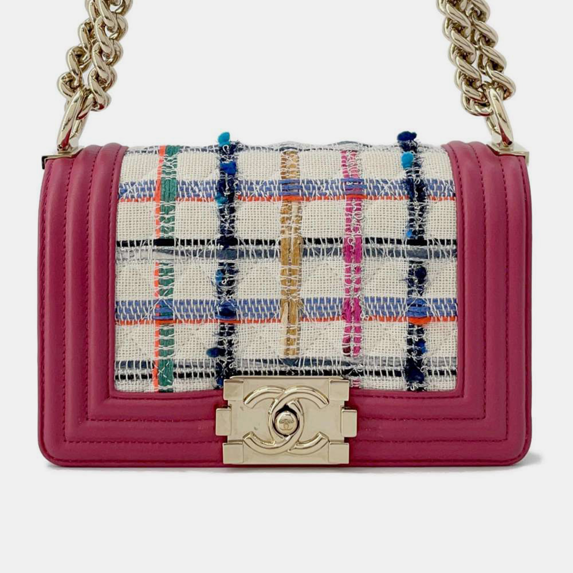 

Chanel Pink/Multicolor Leather Tweed Boy Chanel Tweed chain shoulder bag Size Small