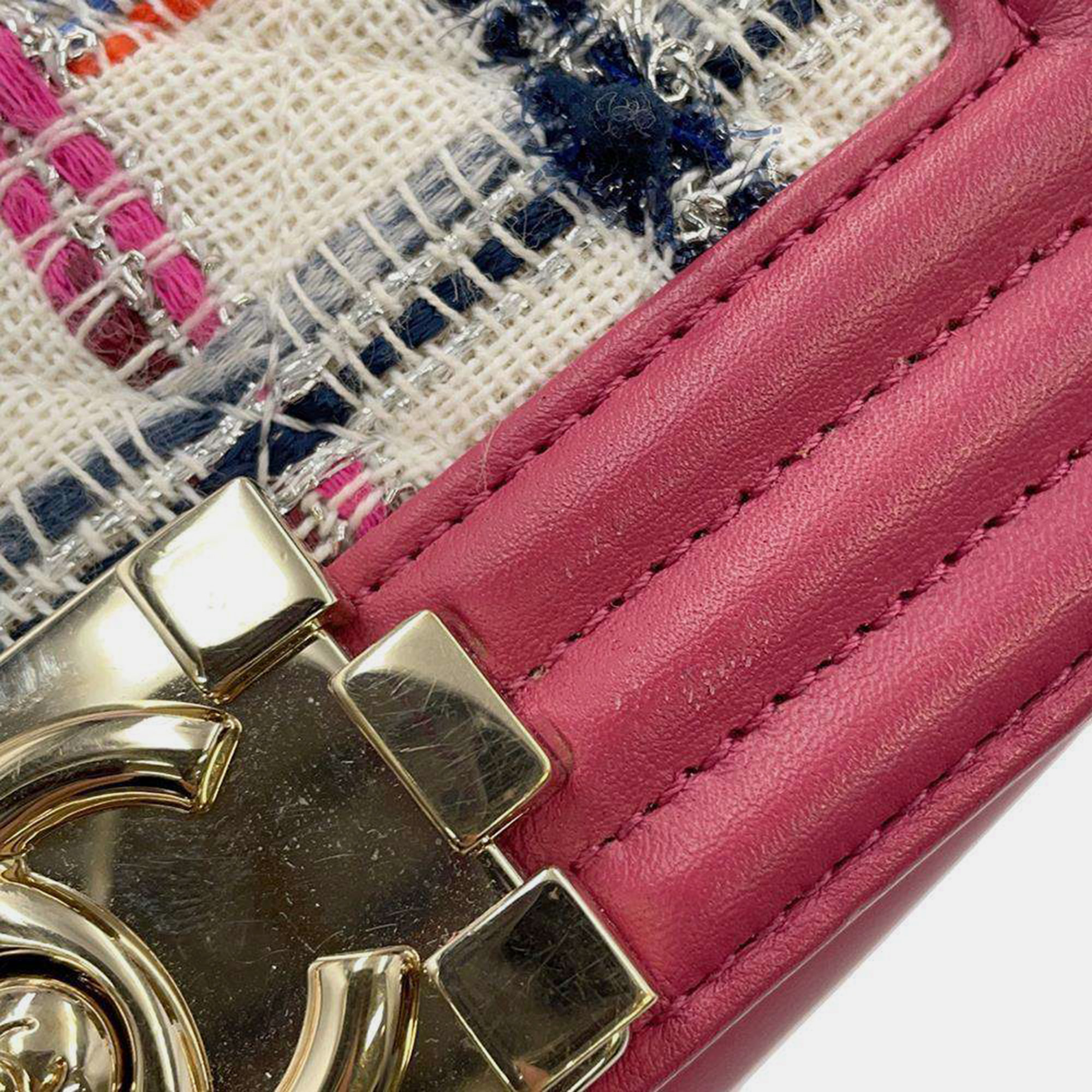 Chanel Pink/Multicolor Leather Tweed Boy Chanel Tweed chain shoulder bag Size Small 