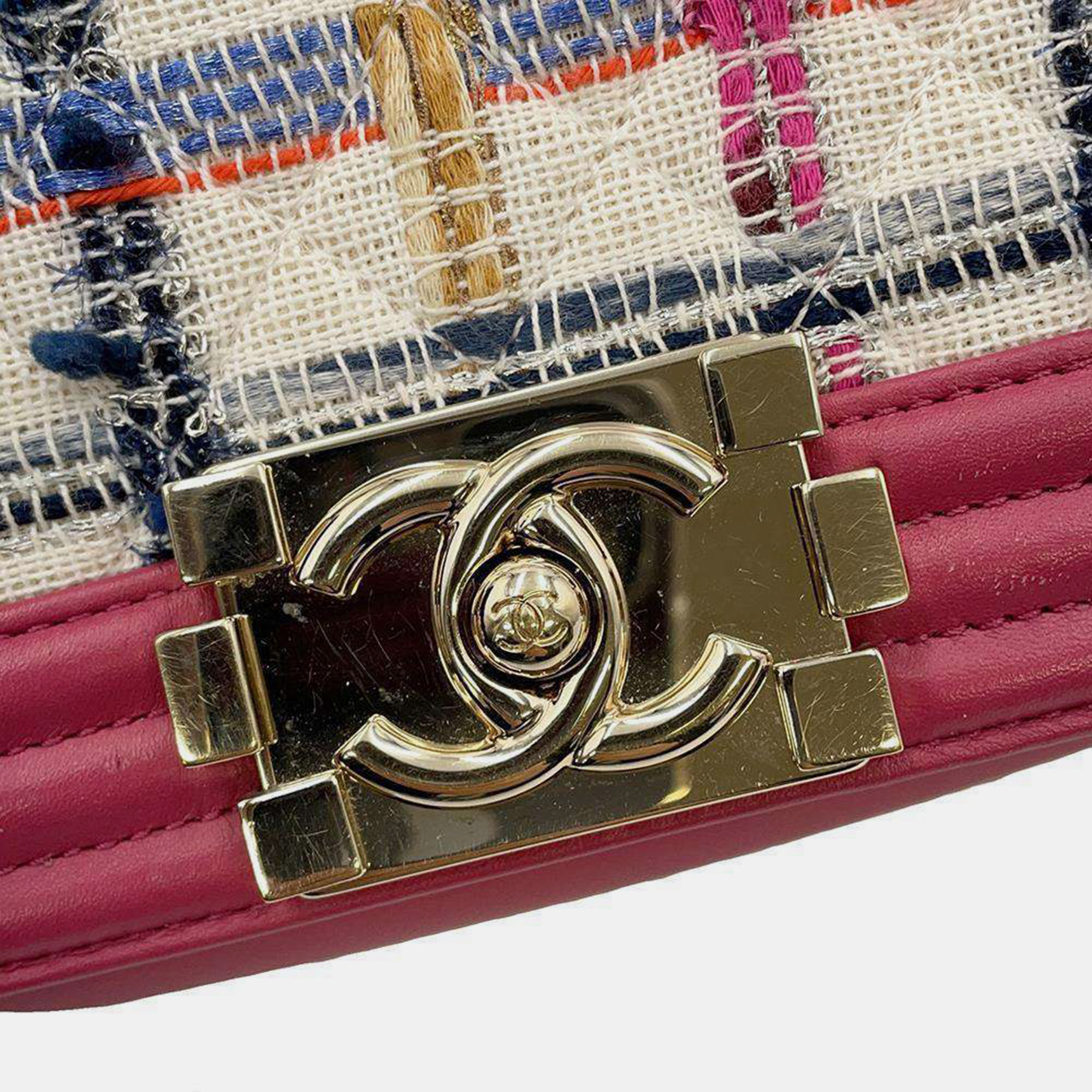 Chanel Pink/Multicolor Leather Tweed Boy Chanel Tweed chain shoulder bag Size Small 