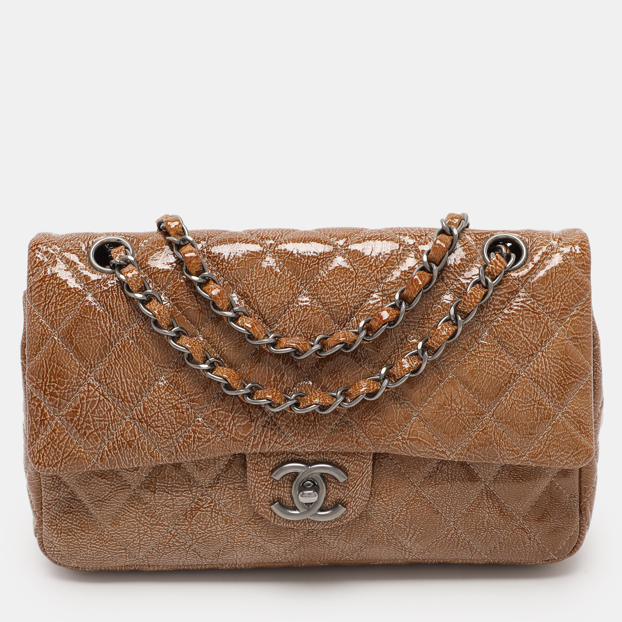 

Chanel Olive Quilted Crinkled Patent Leather Medium Classic Double Flap Bag, Beige