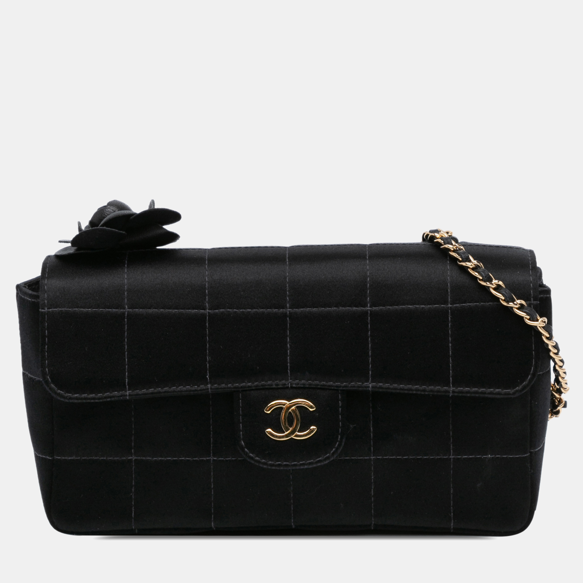 

Chanel Black Fabric and Satin Chanel Mini Choco Bar Quilted Satin Camellia Flap